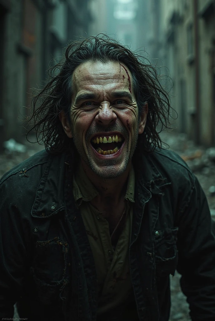 Crazy man smiling , in a semi dark street.