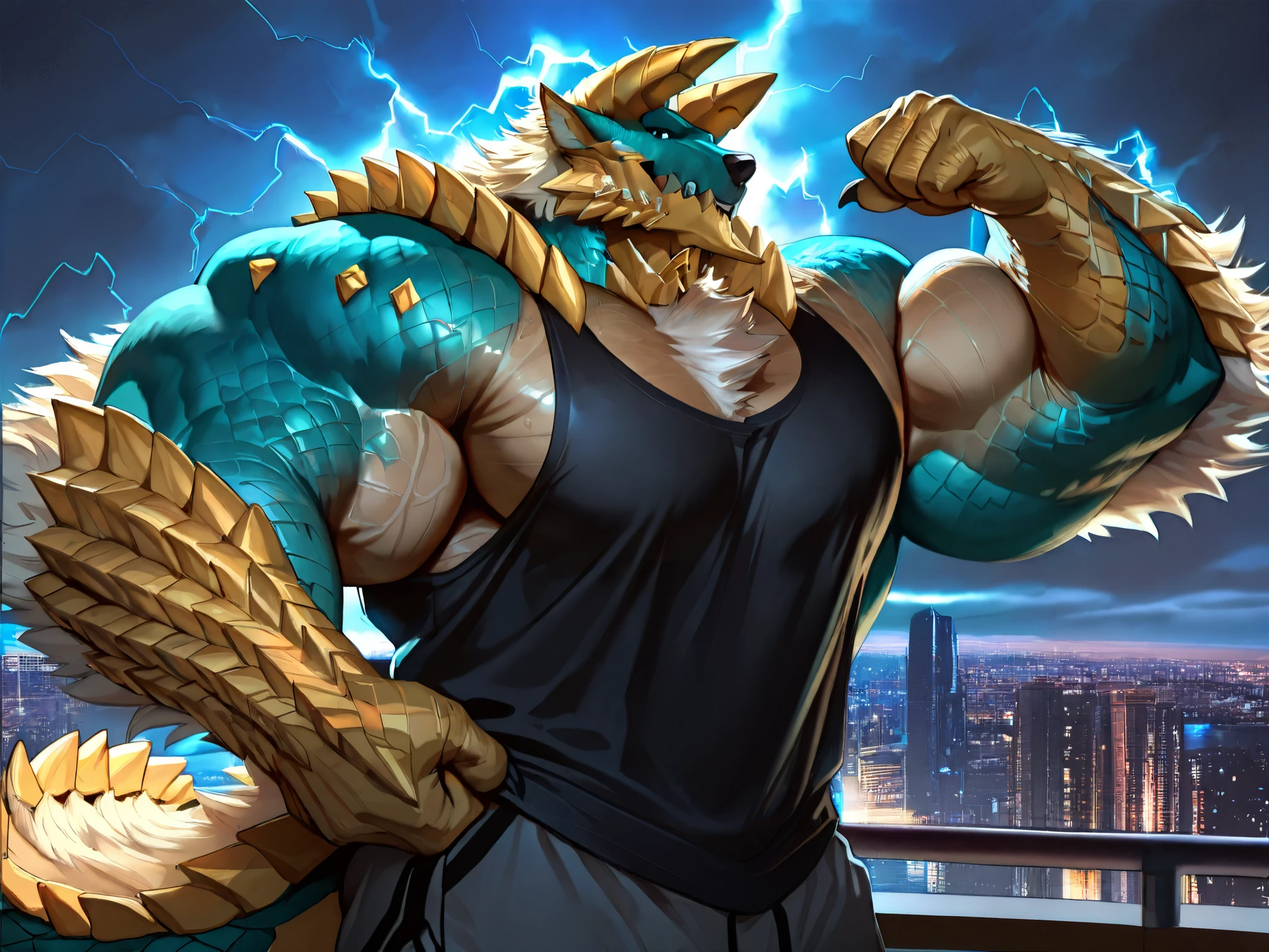 solo, massive muscular, zinogre, shirtless, very huge pectoral, shorts, tshirt, city, thunder, detailed face, wide shoulder, thick arms, wide pectoral, muscle, short hair:1.2, masterpiece, semirealistic:1.2, high detailed, 8k, high resolution