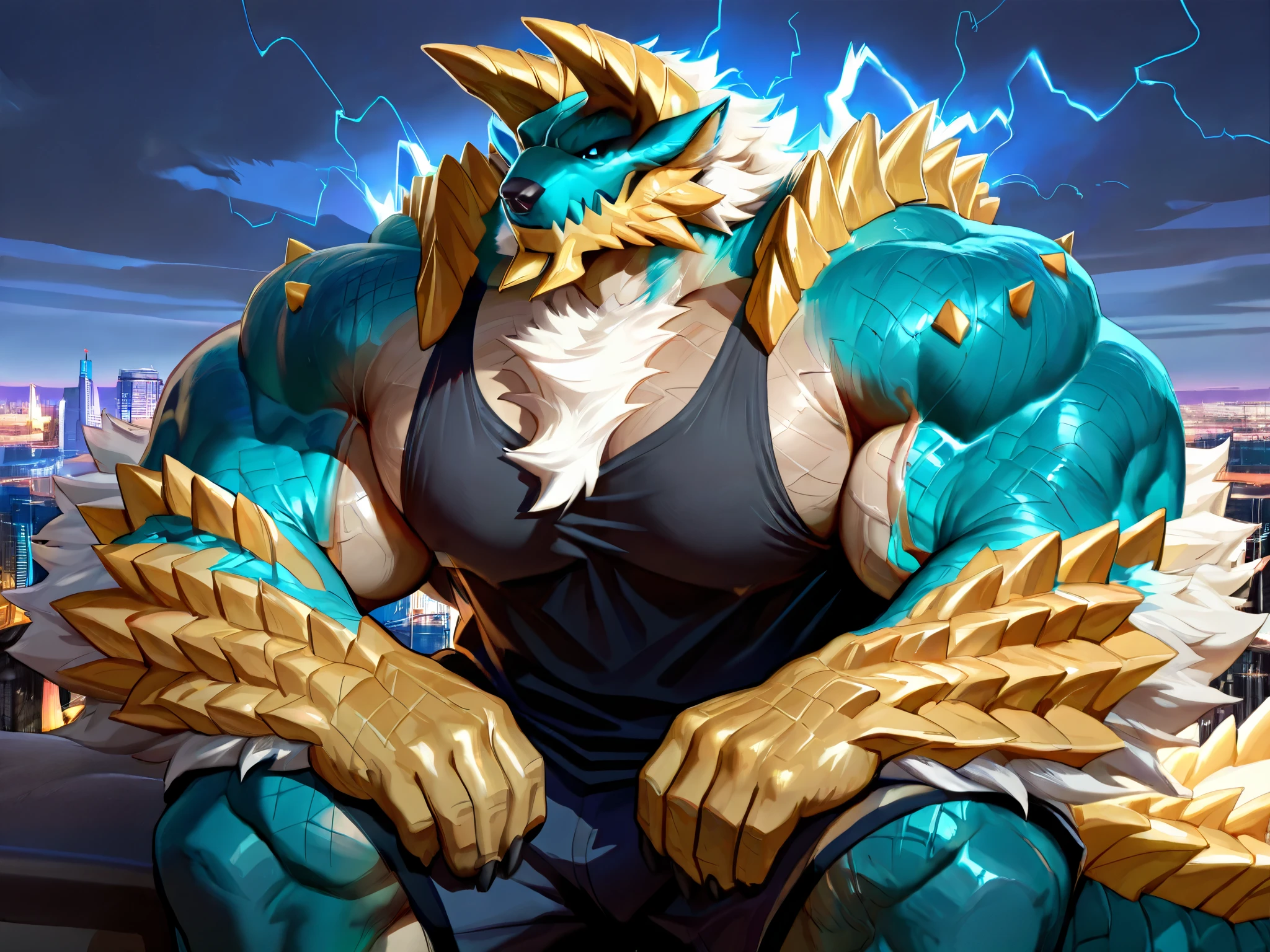 solo, massive muscular, zinogre, shirtless, very huge pectoral, shorts, tshirt, city, thunder, detailed face, wide shoulder, thick arms, wide pectoral, muscle, short hair:1.2, masterpiece, semirealistic:1.2, high detailed, 8k, high resolution