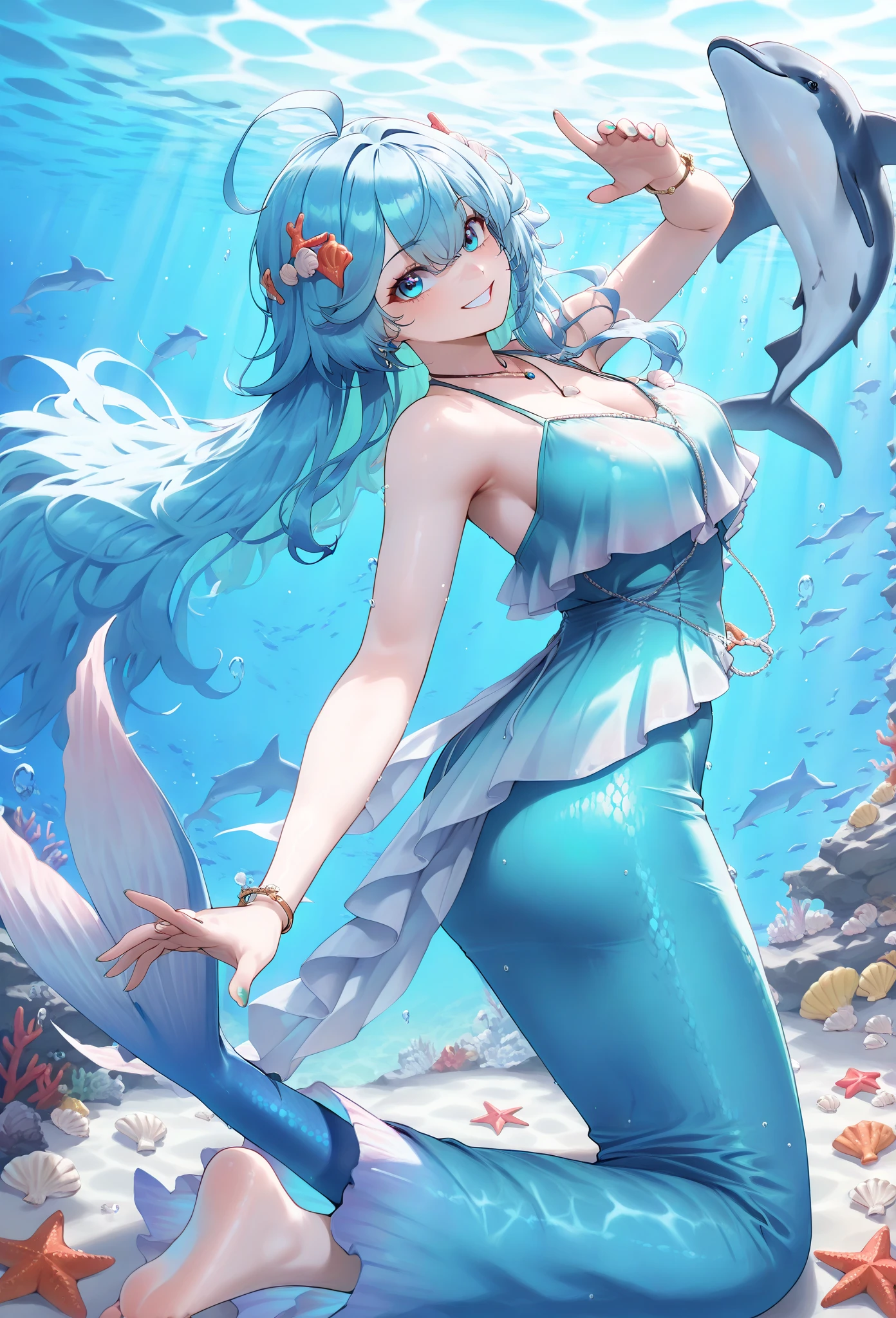 (masterpiece, high resolution, 2k resolution, best quality), (1girl, perfect anatomy, perfect face), (AOV Dolia)), ( blue hair), (blue eyes),  ahoge , shell hair ornament , bare shoulders , necklace , sleeveless , blue dress , bracelet , barefoot , seashell , starfish, detailed background, colorful background, fish, shells, dynamic pose, underwater,  mermaid tail, dolphin, holding a dolphin by the fin, side view