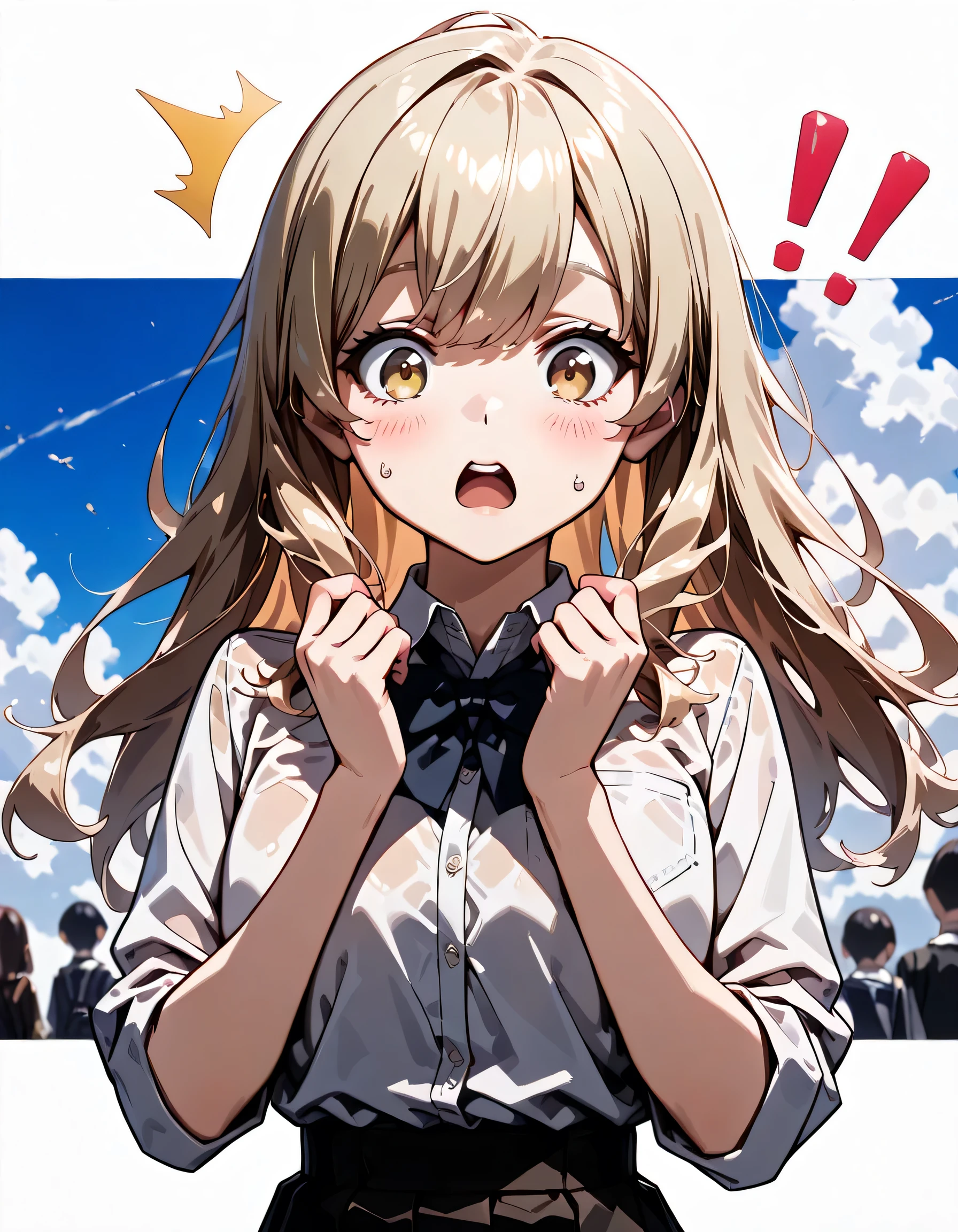 ((ultra-detailed)), (highly detailed CG illustration), (best quality:1.2), ultra-highly detailed, colorful composition, artistic photoshoot, 1girl, solo focus, ((upper body:1.4)), moe anime character,  girl, dainty facial structure, (bab(round face), ((rounded chin:1.2)),  kana_higa, long hair, blonde, yellow eyes, brown eyes, black skin woman, school uniform, collared shirt, chest, cleavage, white shirt, wrist scrunch, rolled up sleeves, wrist scrunch, pleated skirt, waist clothes, black jacket, zipper, white shorts, ((surprised:1.6)), ((blush:1.4)), ((looking viewer)), ((wet:1.4)), ((Sweat:1.4)), ((Blue sky and clouds background)), from front, best quality, masterpiece, expecting, pink cheek, blush, light pink gloss slip, portrait, depth of field, soft lighting, sidelighting, (shine), lighting, caustics, ray tracing, perfect face, lustrous skin, highly detailed face, perfect face, perfect nose, perfect hair, perfect anatomy, beautiful hair, beautiful small face, extremely detailed face, beautiful clavicle, beautiful body, beautiful ample breasts, leavage, breasts squeezed together, equalize the size of the left and right breasts, beautiful fingers, 4 fingers, 1 thumb, lovely, (very detailed background:1.0), (highly detailed background:1.0), spring aesthetic, intricate details, joyful atmosphere, spring colors palette, chromatic aberration