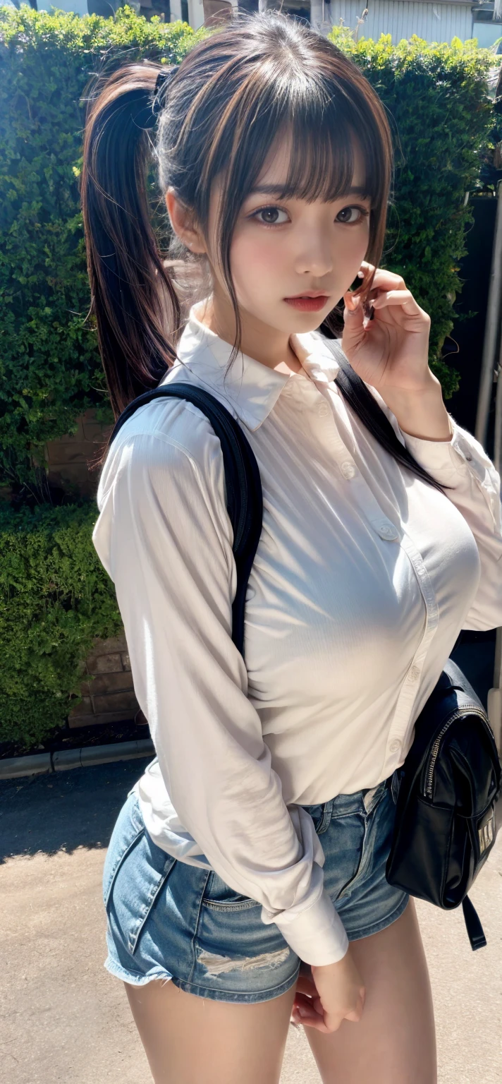 muste piece, best quality, illustration, Super detailed, fine details, High resolution, 8K,wall paper, perfect dynamic composition,(Details High quality, realistic depiction of eyes:1.3), (wavy hair:1.2),  street snap, (Oversized_Shirt:1.2)、Oversized_Shirt, ((facing viewer)), at the street in tokyo, Layered Cut, black hair color, Big Natural Color Lip, sexy pose, crying a little、cold gaze, Harajuku style、20 year old girl、cute type、lolita, hposing Gravure Idol, full body photo, huge breasts
