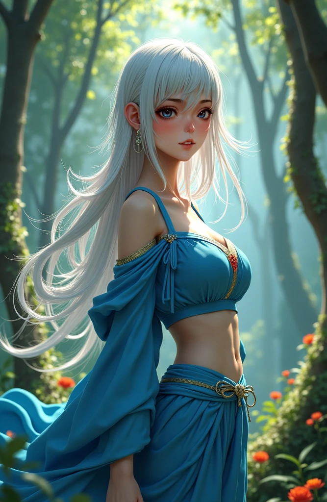 (tmasterpiece，best qualtiy:1.2，extremely detaile，quadratic element)，Uma personagem feminina，Hair is ice blue:1.8，Black and gold bandeau，White tunic with delicate gold tunic，无袖，black colored leggings，Pleasure，exteriors，Flower Tree，Delicate eye depiction。