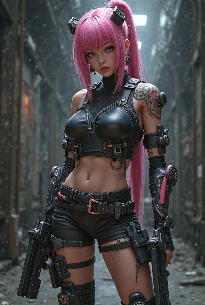masterpiece, best quality, modelshoot style, of the most beautiful artwork in the world featuring a cyborg girl, with pink hair, large breasts, robotic legs, (blood on clothes:1.3), staring, angry, <lora:epiNoiseoffset_v2:1>, <lora:japaneseDollLikeness_v10:0.4>, eyes emitting light, cyberpunk background