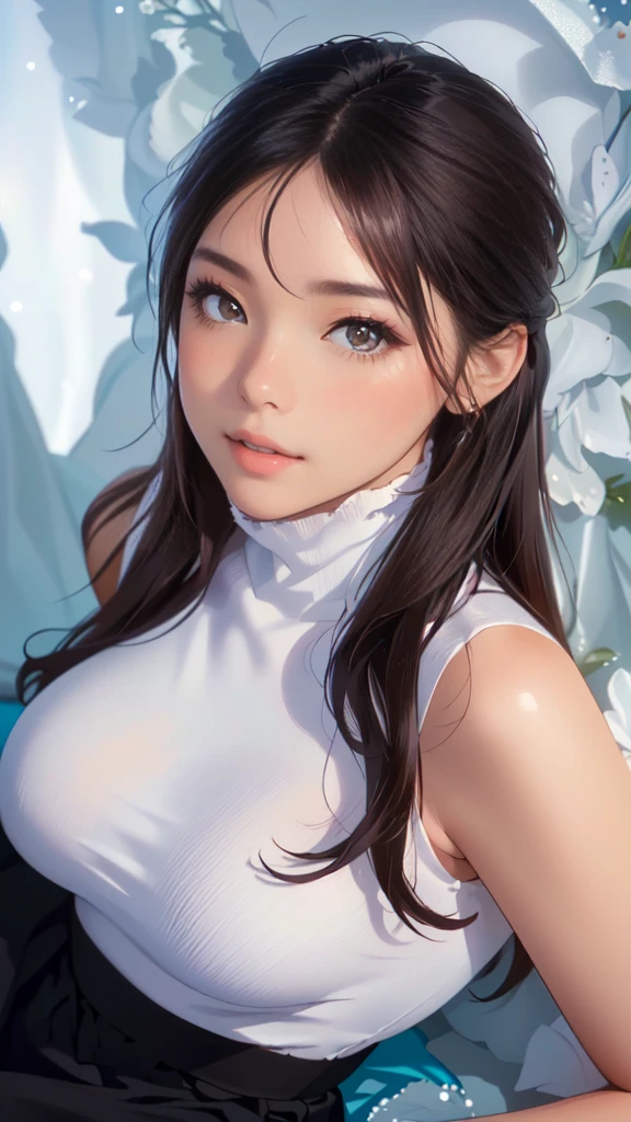 detailed eyes ,huge breasts , tied hairstyle , portrait , white t-shirt , black background , black hair , smile , black eyes