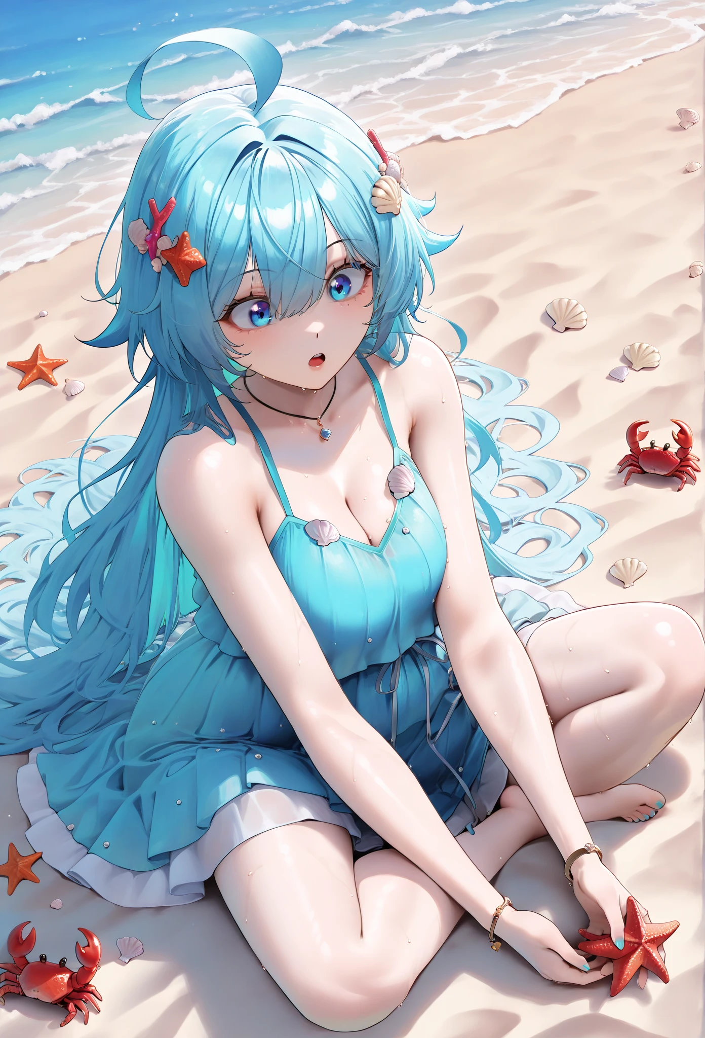 Rimuru Tempest, in its feminine form 1.90 meters with O cup breasts, golden eyes that shine with wisdom and shapely legs, She wears a blue swimsuit that accentuates her stunning and elegant figure while on the beach. She is hugging Izuku Midoriya, who, with his height of 1.66 meters, Thin but athletic build, youthful face with freckles and big green eyes full of determination, He wears a swimsuit with shorts that highlights his informal style in the sand. Rimuru, with her long, silky baby blue hair cascading down to her waist., He wraps his arms around Izuku., gently pressing her breasts against Izuku&#39;s back in a gesture of closeness and protection. The sun shines on them, and the sound of the ocean waves adds a touch of serenity to the moment, creating a scene of connection and warmth between these two characters from different worlds.