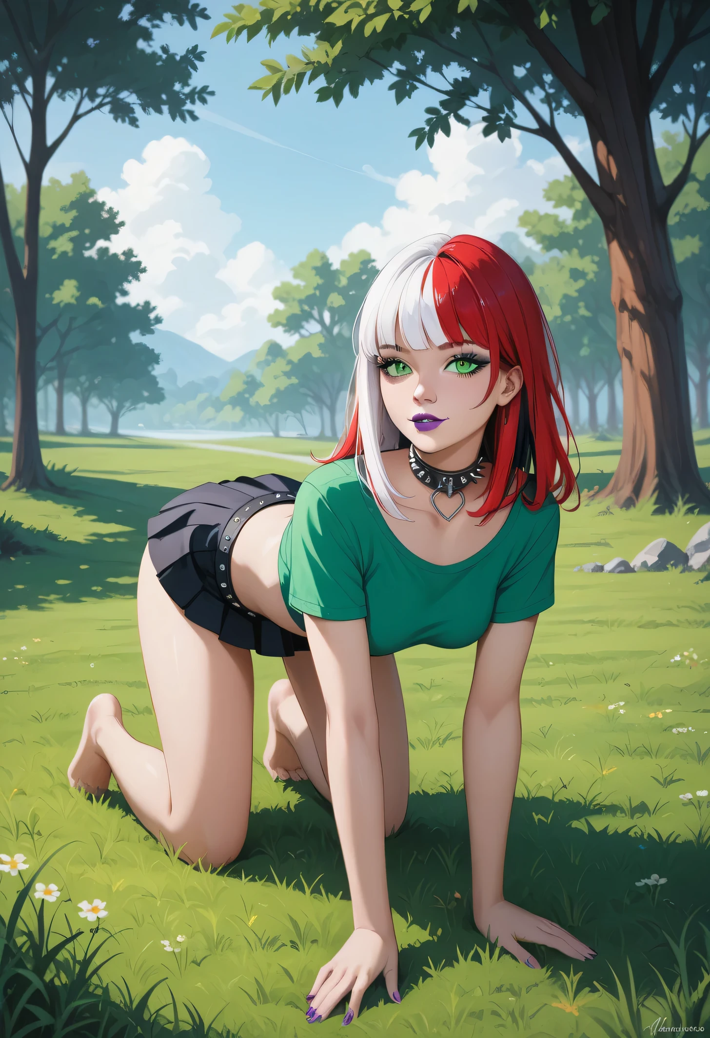(masterpiece, best quality, ultra-detailed), 1girl, RogueXME, two-tone hair, (red hair), white bangs, green eyes, purple makeup, purple lipstick, choker, studded collar, medium breasts, green shirt, black skirt, mini skirt, all fours, grass, trees