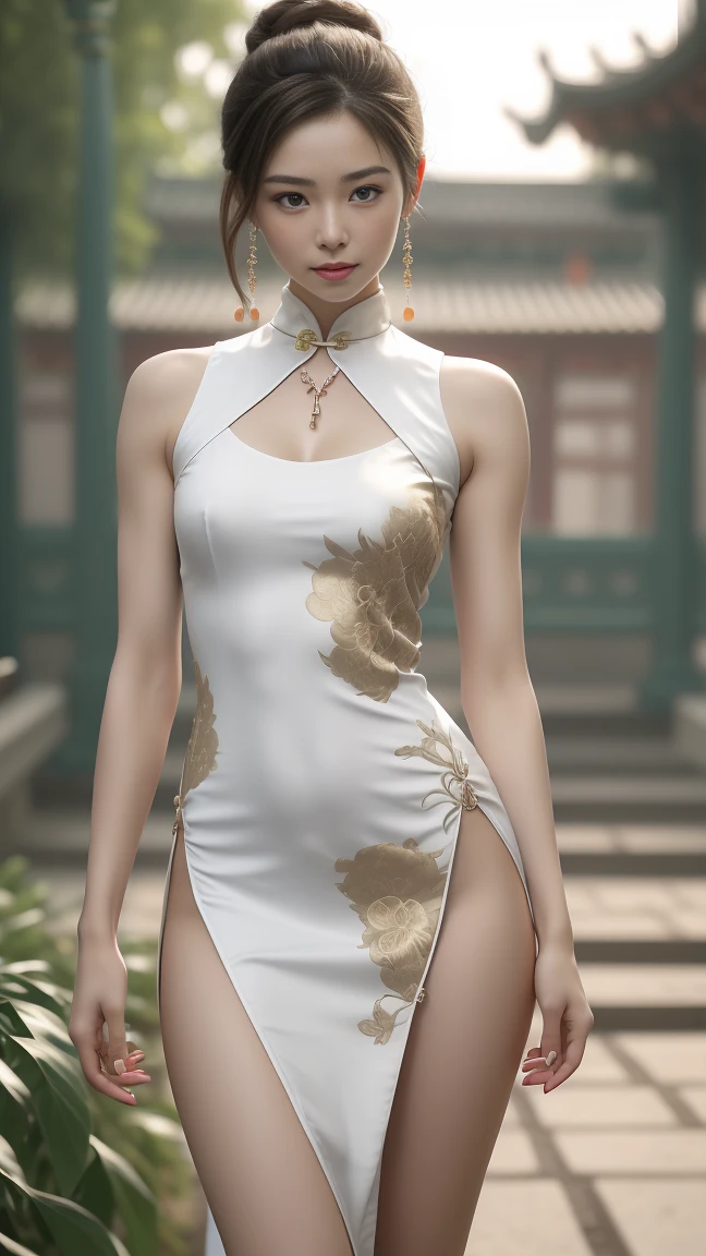 Pose: 1solo girl, young girl, perfect body seated on the floor with legs extended or slightly bent, leaning back on her arms or gently resting her hands on the floor.
Expression: Serene and content, with a soft, peaceful smile or a relaxed, closed-eye expression.
Attire: a white and gold short cheongsam
Hair: blonde bun hairstyle 
Makeup: Natural and glowing, with soft tones that enhance her features without being overpowering.
Background: , cityscape at night 
Lighting: Soft, natural light, preferably during golden hour, to create a warm glow and emphasize the stretch and movement.
Accessories: Minimal or none, allowing the focus to remain on the pose and the sense of  it conveys.
Props: Optional, such as a light fabric or shawl that flows with the stretch, adding movement to the image.
Mood: Calm, free, and rejuvenated