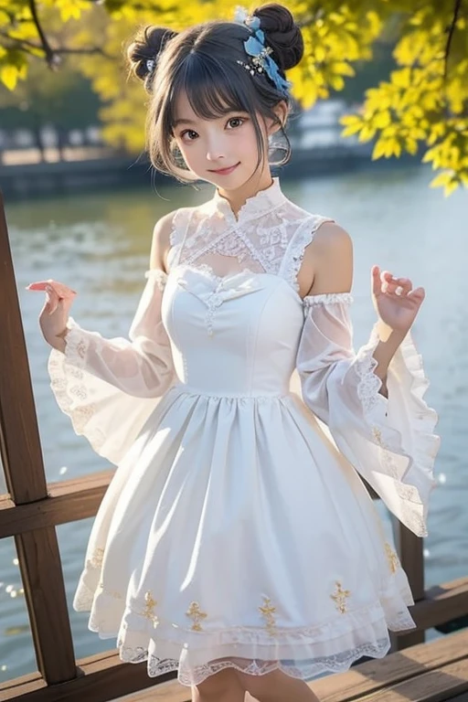 Beautiful white and shining skin、Chestnut hair that changes depending on the light、Long bangs between the eyes that obstruct the view、Cheek gloss highlights、Sexy and very beautiful nice gorgeous face、the most beautiful face in the world、small face beauty、golden ratio、full body shot、short hair、plump breasts、cleavage、slender、open your mouth a little、solo、natural soft light、Spring-like fashion、Chiffon frill flare dress、Cherry blossom trees、Dancing cherry blossom petals、