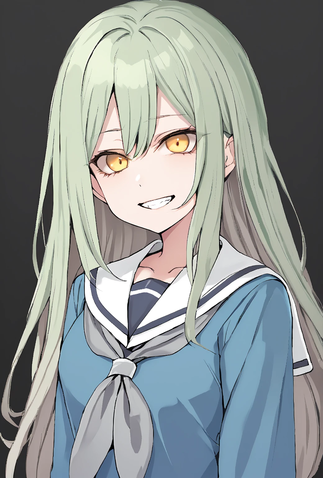 best quality,masterpiece,high resolution, Wakaba Mutsumi, Wakabe Mutsuki, light green hair,Platinum Blonde Hair,long hair,1 girl, Alone, white sailor color, sailor suit, blue shirt, blue skirt, gray neckerchief, yellow eyes, hair clip,Front view up, black background, best quality, masterpiece,high resolution, very beautiful,Absard Dress, high resolution,yandere,Edge Guess Gao,Four white eyes,Guess face,sadistic smile,teeth,Pleasure,The , detailed art of a girl's eyes in a dark environment, Focus on your eyes, shrunken eyes , wide-open eyes,open your eyes