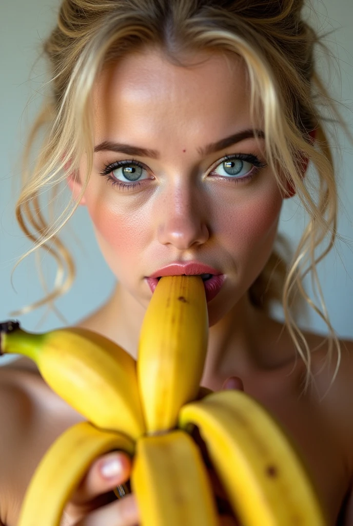 Blonde woman eating a banana with a bite taken out of it, Anna Nikonova aka Newmilky, about to consume you, young and cute girl, pleasant, BANANA, 1614572159,  girl, she is eating a peach, Alexa Grace, sexy girl, Attractive young woman, barbarian hammer 4k, mouth watering