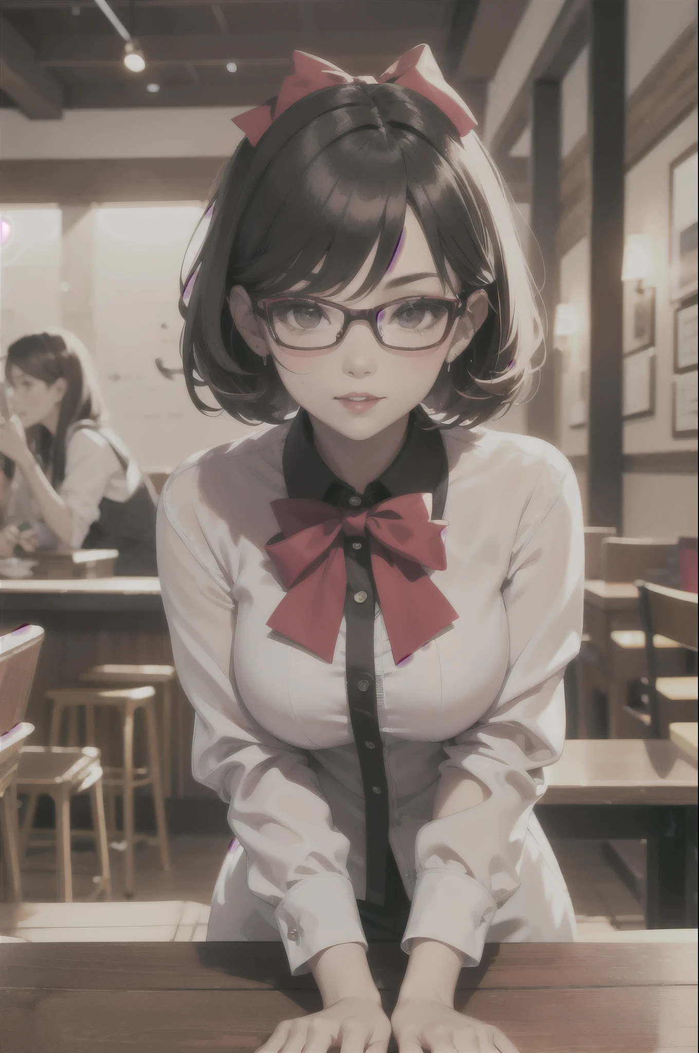 A photo of a young, nerdy woman sitting in a caf, wearing a white shirt and a bow, surrounded by a cozy atmosphere, looking at the viewer.
short hair, slender, red lips, transparent fabric, flirting with the camera
