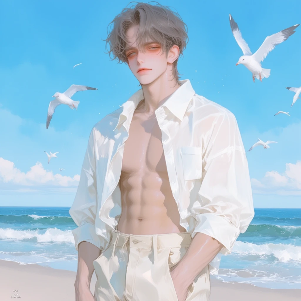1 boy, athletic body, sexy, standing under coconut tree, briefs, coconut tree, seaside, cute, full nude, full body, panorama, 15 years old