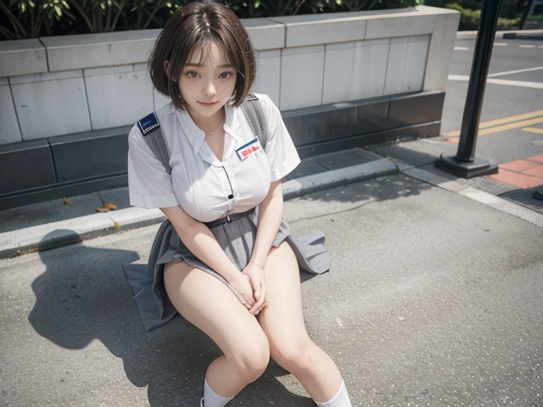 RAW, Best quality, high resolution, masterpiece: 1.3), Beautiful young indonesian girl with short wavy hair, sex pose, squat sitting showing vagina, open legs showing vagina, porn, creamy vagina, squirting, dildo on vagina, on a top, ((senior high school clothes)), orgasm, highres, 4k, HDR, 1girl, realistic, big breasts, short wavy hair, ((whole body)) turning away facial at viewer, closeup, school building background.