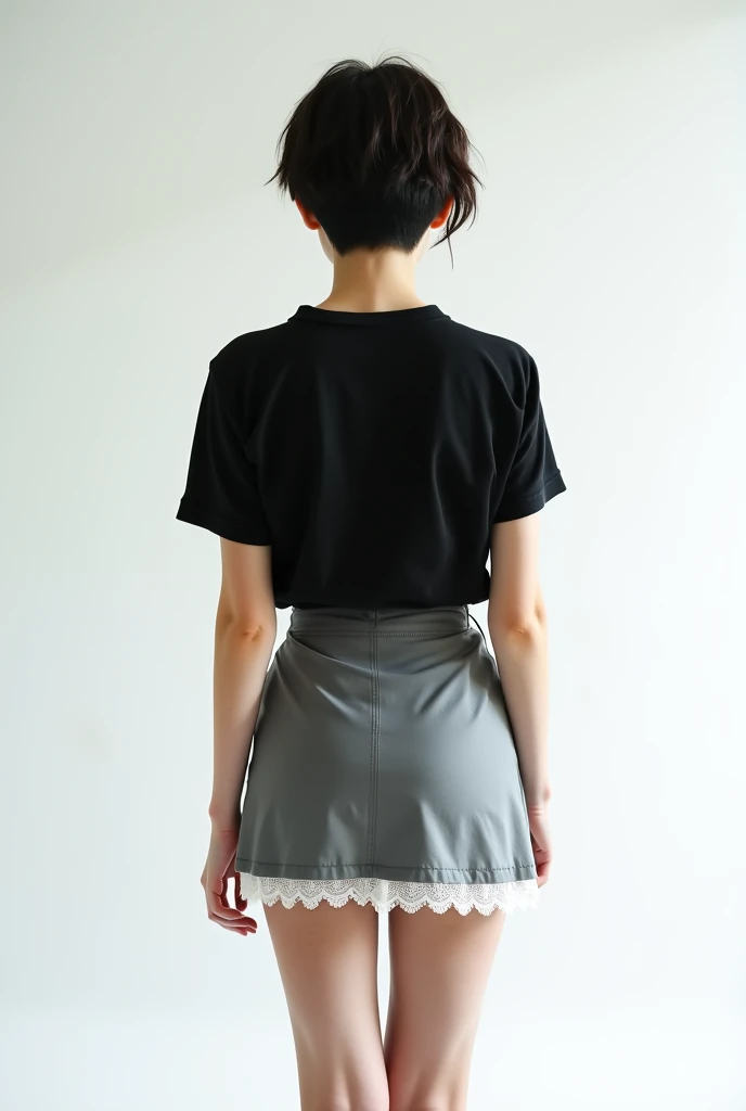 25 years old,brown eyes,blonde short hair, short blue skirt, oversize top ,full body