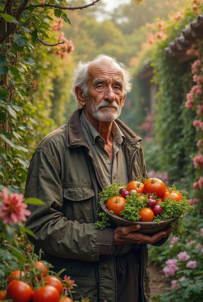 Portrait of an elderly man with weathered features. Your skin is wrinkled with age spots, deep lines around the eyes and mouth. He has clear and expressive eyes that convey wisdom and life experiences.. He sports a well-groomed white beard and neatly combed gray hair.. He was holding sweet potatoes, carrot and corn.
