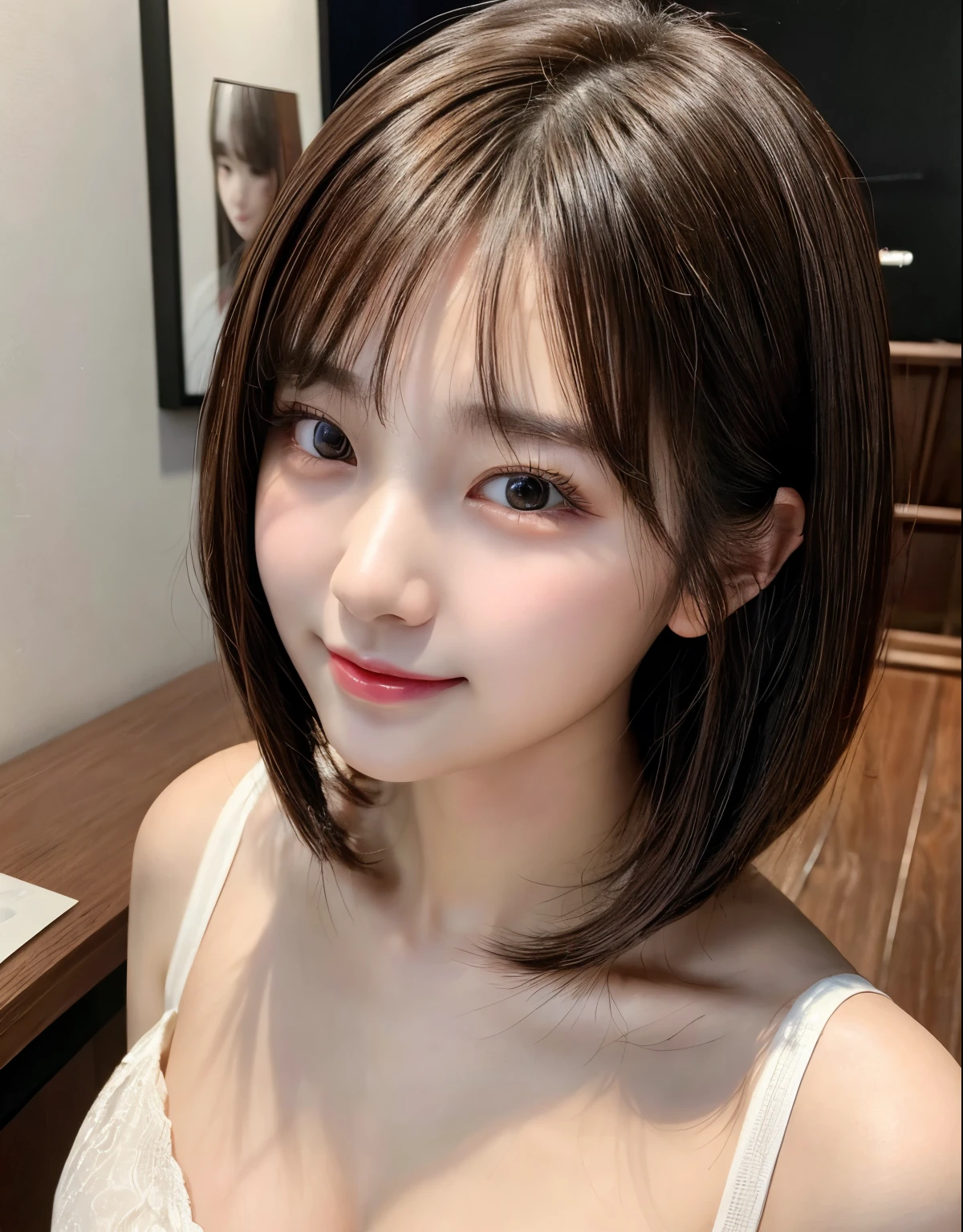 (highest quality、table top、8K、best image quality、Award-winning work)、(one young girl, 14 years old:1.3)、(Perfect V-neck red long knit sweater:1.2)、(red eyeshadow:1.2)、perfect makeup、long eyelashes、Super high-definition sparkling eyes、ultra high definition hair、ultra high resolution glossy lips、Super high resolution perfect teeth、Super high resolution cute face、brown hair、(very short straight hair:1.1)、look at me and smile、[clavicle]、accurate anatomy、(close up of face:1.5)、Luxury love hotel、(The most moody warm lighting:1.2)、blurred background、With bangs、Super high-resolution glossy and moisturized face、Super high resolution glowing skin、most detailed face、Ultra high resolution detailed faces、ultra high resolution hair、Super high resolution sparkling eyes、Beautiful face drawn in every detail、Super high resolution glossy red lips、big breasts、cleavage、Fashionable necklaces