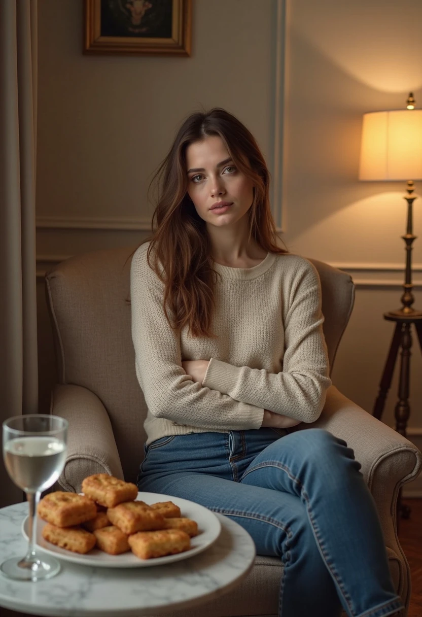 Woman model,with clothes designer, sitting on a wooden chair in a cabin, rehearsal style, realistic photo