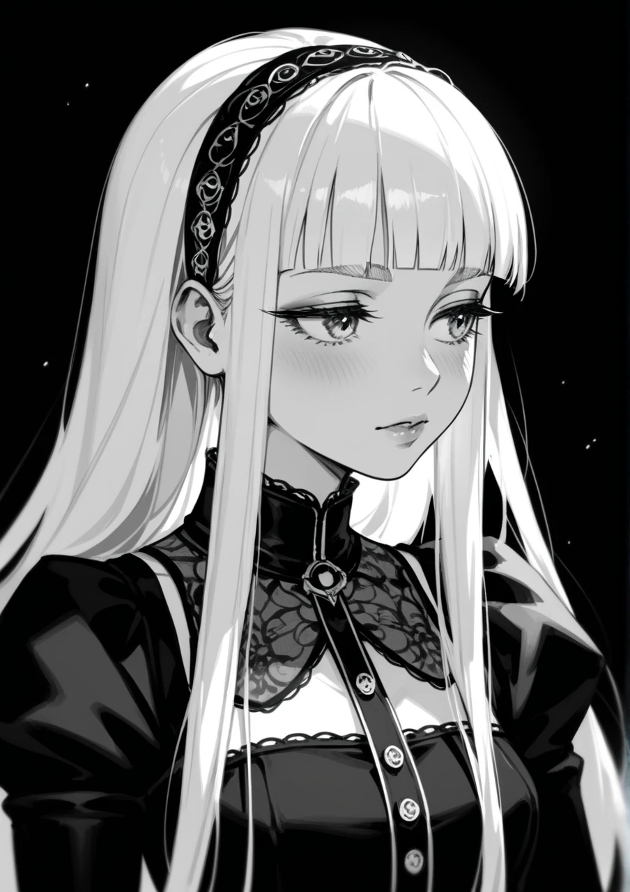 1woman, solo, long hair, pink hair, black choker, green eyes, eyeliner, gorgeous lips, cinematic, gorgeous lips, (masterpiece), (best quality), (ultra-detailed), very aesthetic, illustration, perfect composition, intricate details, absurdres, detailed face, (anime, masterpiece, intricate:1.3), (best quality, hires textures, high detail:1.2), (4k),(incredibly detailed:1.4)
greyscale, black uniform with red, white hair pigtails with bows, red eyes, dark erie room, ambient lighting