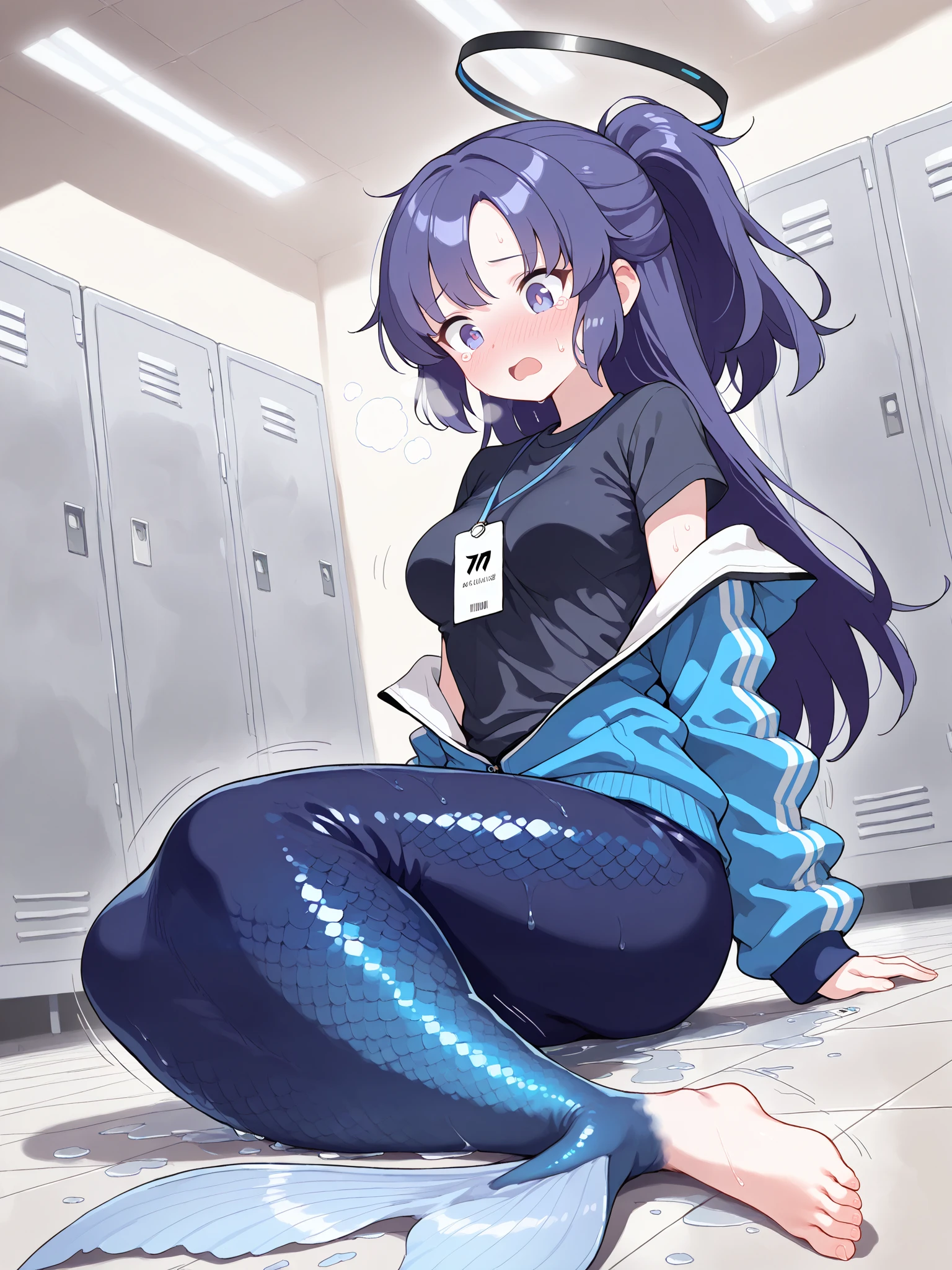 score_9, score_8_up, score_7_up, score_6_up, score_5_up, score_4_up,
1girl, ((Transformation, mid-transformation, legtf, a woman transforming into a mermaid, blue scales)), barefoot, 8K, best quality, (open mouth, looking down, heavy breathing, embarassed face, tearful face), dynamic pose, sitting, on floor, flopping on floor, soggy wet, locker room, wet, (yuuka-default, yuuka (blue archive), purple eyes, purple hair, long hair, ponytail, halo, id card, blue jacket, (track jacket:1.2), open jacket, black shirt), (clear face, sweat, sweatdrop, full face blush, twinkles in her eye, bright pupils)), motion lines
high detail background, masterpiece, absurdres, very aesthetic, dynamic angle, bokeh effects, dynamic pose, dynamic angle, hdr, low contrast, (pastel colors)
masterpiece, best quality, absurdres, masterpiece, highres, perfect anatomy, anime style, anime screenshot, 8k wallpaper, ultra high quality, (extremely detailed cg), perfect lighting, (sharp image), dynamic angle,