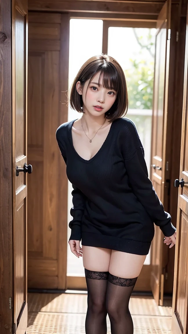 ((8K Raw Photos:1.27)、highest quality、masterpiece、超A high resolution:1.2) Cute Japanese Women Photos (beautiful:1.1))、Sparkling black diamond eyes、Detailed student description、Shiny black hair、Silky, delicate and lustrous skin、beautiful八重歯の笑顔、Winter light、Depth of written boundary、Knitted dress、Off the shoulder、From above、Thighs、Crouching