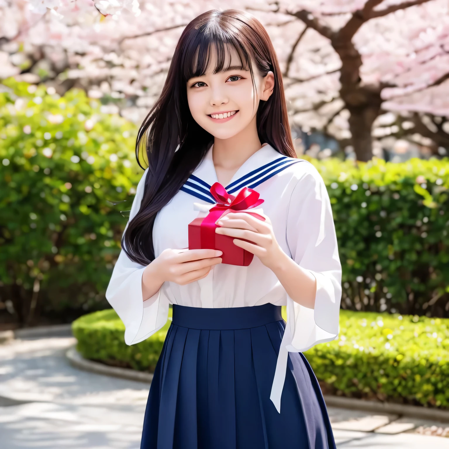 A breathtakingly beautiful 20-year-old woman stands in a lush park filled with cherry blossoms in full bloom beneath a clear blue sky. She wears a classic sailor uniform and gently holds a small, neatly wrapped gift box adorned with a red ribbon. Her radiant smile and joyful expression convey heartfelt happiness. Long hair, black hair, dark eyes.