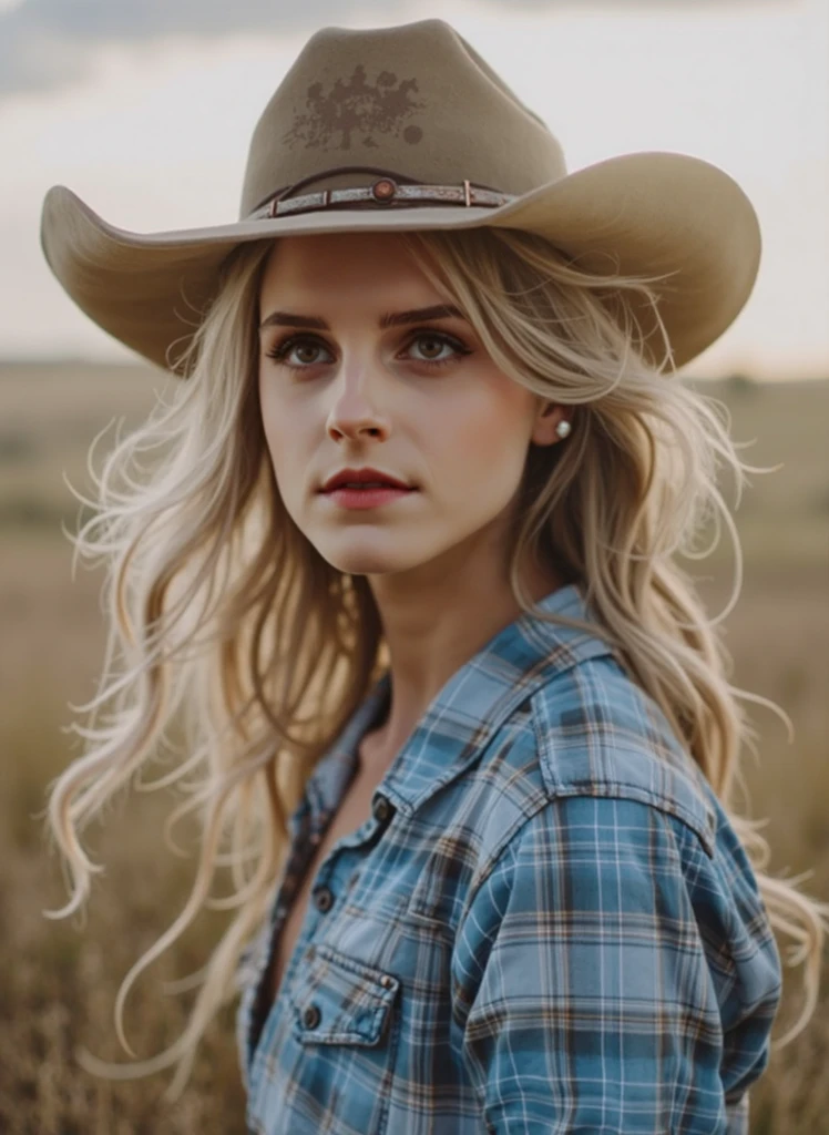 RAW photo of a 24 y.o southern white woman, average looking person, blonde hair, wearing a cowgirl hat and brown boots, freckles, (detailed face), fit body, ((half body)), working on the farm, (high detailed skin:1.2), 8k uhd, dslr, soft lighting, high quality, film grain, Fujifilm XT3