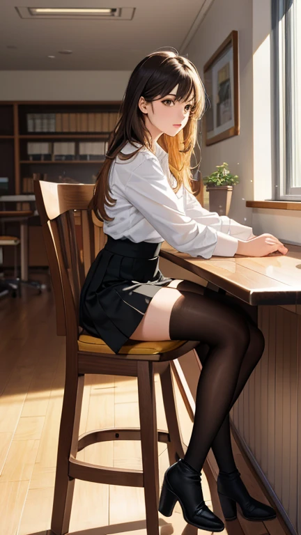 Highest quality, masterpiece, High resolution, (Head to Toe full body), front, frontやや下からの構図, Symmetric, Tall 18 year old girl, alone, (Head to Toe), (Small breasts), Unkempt brown hair, bangs, (black tights), (Black Pantyhose), (Sit with your legs apart), (Crouching pose), (A work depicting white panties), (Her legs were spread、I see your white pants.), (I was made to sit on the floor with my legs spread....), (M-shaped feet), Thin legs, とても美しくTall 18 year old girl, (No shoes), blush, Shy big eyes, Looking into the camera, Blazer Uniform, Checkered Pleated Skirt
