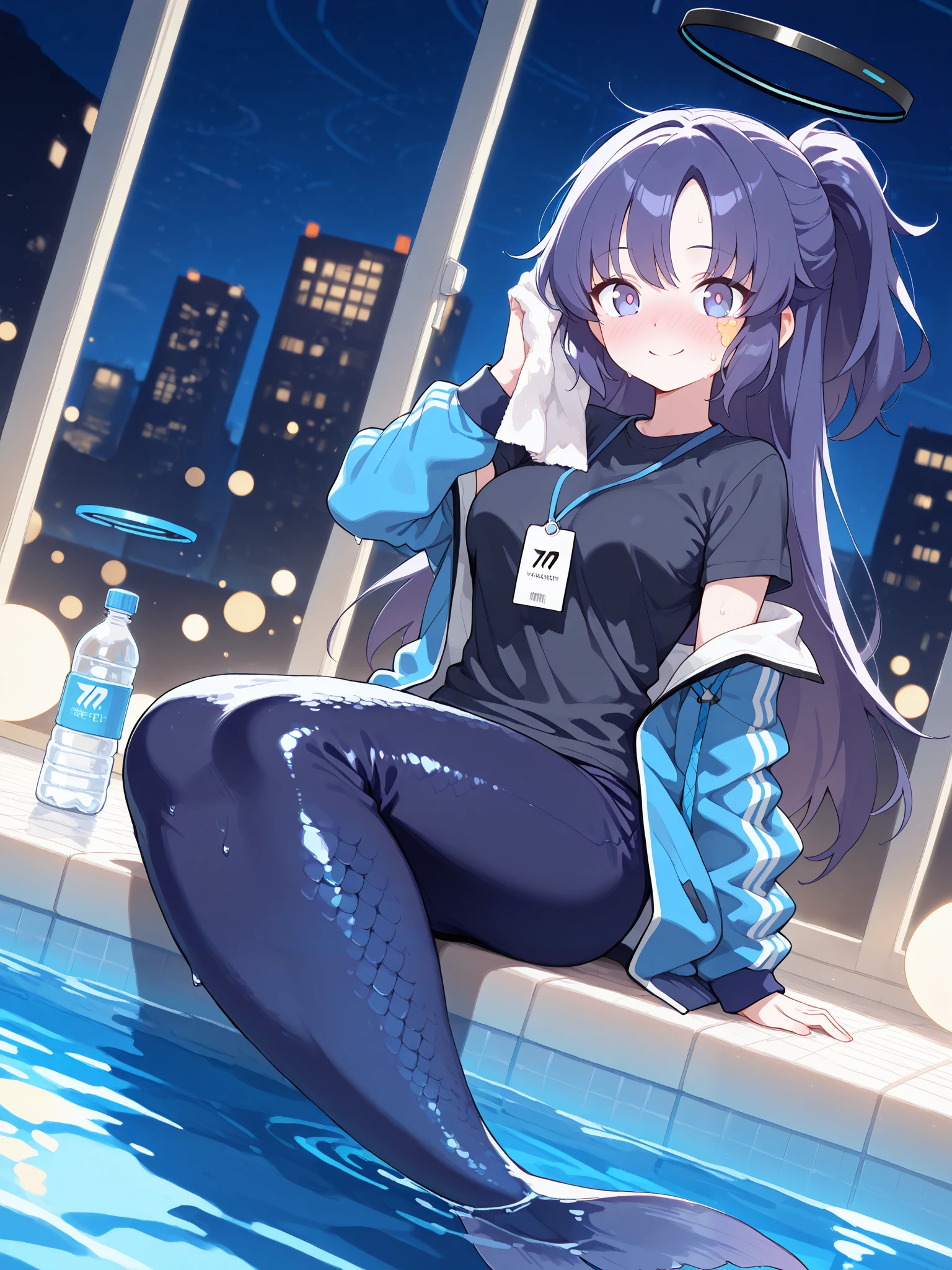 score_9, score_8_up, score_7_up, score_6_up, score_5_up, score_4_up,
((legtf, a woman transforming into a mermaid, blue scales)), barefoot, 8K, best quality, (happy, smile, looking at viewer), dynamic pose, sitting, partially submerged, indoor pool, pool side, drying body with towel, wiping off sweat, plastic bottle, (yuuka-default, yuuka (blue archive), purple eyes, purple hair, long hair, ponytail, halo, id card, blue jacket, (track jacket:1.2), open jacket, black shirt), (clear face, sweat, sweatdrop, full face blush, twinkles in her eye, bright pupils)),
high detail background, masterpiece, absurdres, very aesthetic, dynamic angle, night, bokeh effects, dynamic pose, dynamic angle, hdr, low contrast, (pastel colors)
masterpiece, best quality, absurdres, masterpiece, highres, perfect anatomy, anime style, anime screenshot, 8k wallpaper, ultra high quality, (extremely detailed cg), perfect lighting, (sharp image), dynamic angle,