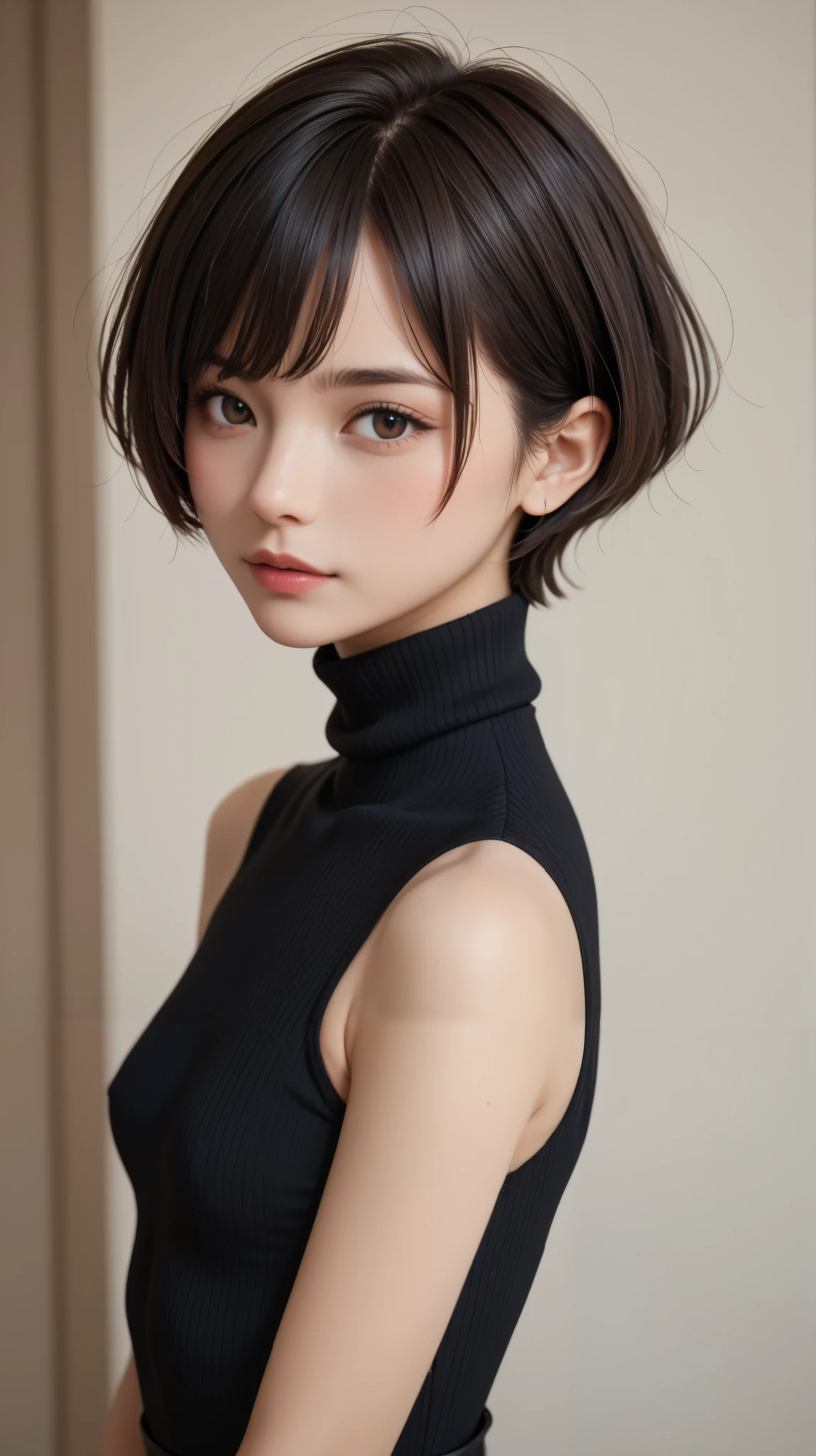 top quality、masterpiece、perfect anatomy、 RISE OF THE CENTER,black dress,turtleneck, (((Perfect Proportions, short hair)))、small breasts、turtleneckのニット