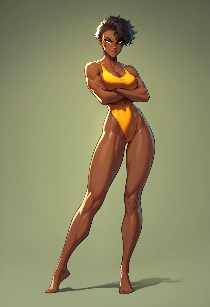 (Masterpiece, grey background:1.2) full body standing straight symmetrical looking to the viewer, view from below, far shot, cow boy shot, purple skin, drow, elf, 1girl, mature, purple eyes, pinched eyes, short silver white hair cut (yellow tiger bikini print long sleeves and long stockings) abs, navel, big knockers, tatter rags, leather choker, chain collar, stomach tattoo (red tattoo) hands on hips, wide hips, thick thighs, metal sandals