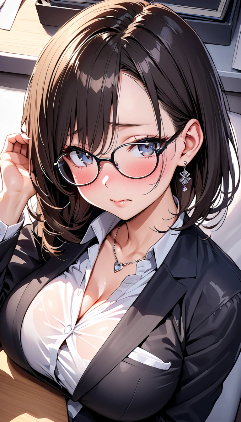 Beautiful lawyer、(Solo, 40 years old、hyperdetailed face、Detailed lips、A detailed eye、二重まぶた、Brunette Bob Hair, Black Blazer、White dress shirts、Tight micro mini skirt)、Read at her desk、at the library、(Glamorous body)、(Colossal tits)、cleavage of the breast、perfect hand, perfect hand指, perfect chest, Perfect fit, perfect bodies, face perfect, Perfect image realism, 细致背景, detailed costume, maikurobikini、Shirt unbuttoned、Lewd librarian、Hyper-Realism、Photorealsitic、unrealengine、8K maximum resolution, (masterpiece), ighly detailed, Professional