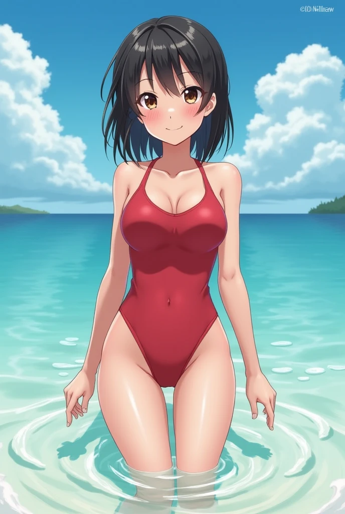 NSFW, (((Uncensored))), (((Clear picture))). high image quality, high resolution, 18 year old beautiful girl、shiny black hair、Hime cut、Brown eyes, dark eyebrows, J-cup huge breasts、172cm tall、tightened waist,、red bikini, sexy pose, Sandy Beach、Blue sky