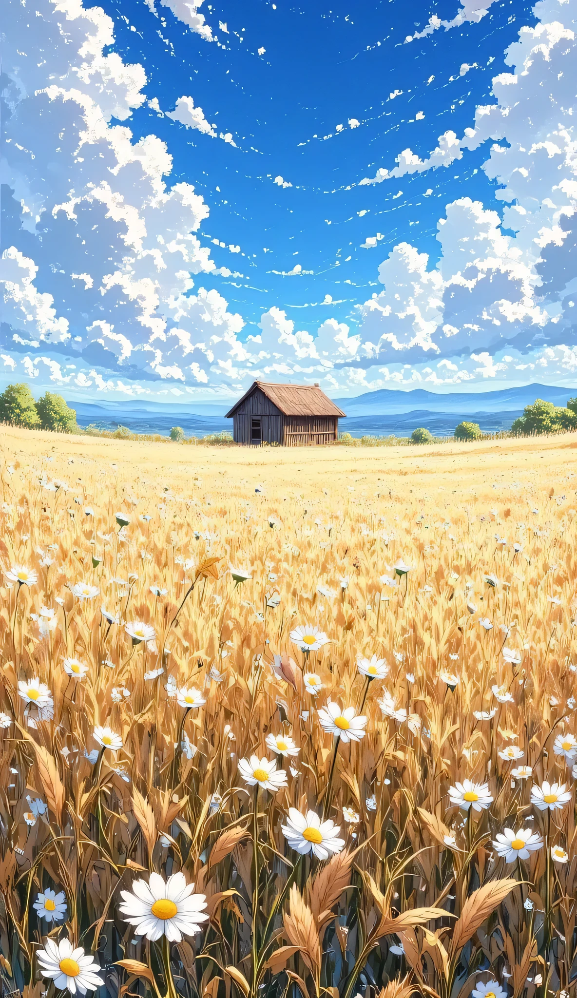 ultra aesthetic scenery, anime background, ultra quality compsition, beautiful nature, ambient light, volumetric lighting, hdr environment,masterpiece, cinematic lighting, ambient light, volumetric lighting, ultra aesthetic environment, 8k, 16k, hdr, best quality, indirect lighting, super quality composition,,,,,,,,,,,,,A pastoral scene with a golden wheat field swaying in the breeze under a vast sky filled with fluffy white clouds. A solitary cabaña viejo in the distance, adding a nostalgic, rural charm to the image