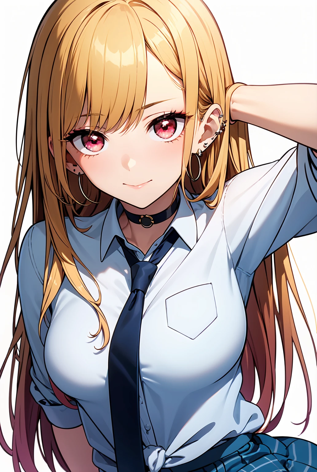 This passage, Marine Kitagawa, Blonde, choker, ear Earrings, Earrings, Long Hair, Earrings, (Red eyes:1.5), Straight hair, Swept-apart bangs,
break black necktie, Long sleeve, pleated skirt, , shirt, skirt, Rolled up my sleeves, white shirt,
break indoors, classroom,
break looking at viewer, break (masterpiece:1.2), Highest quality, High resolution, unity 8k wallpaper, (figure:0.8), (Beautiful attention to detail:1.6), Highly detailed face, Perfect lighting, Highly detailed CG, (Perfect hands, Perfect ???????),