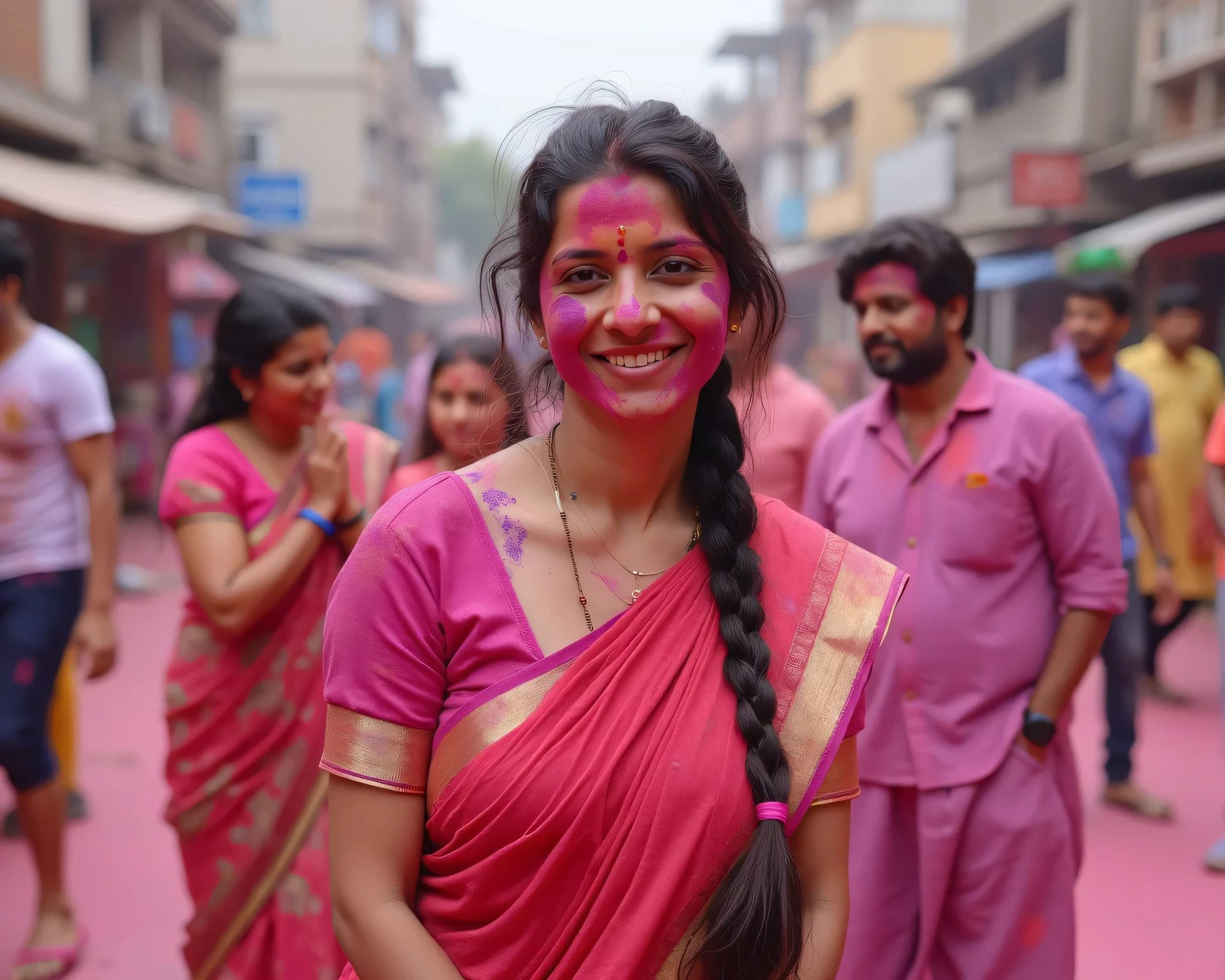 Indian women, wearing Saree, 36 years old, Indian women, long braided hair, play ground ,busy indian street in the background,colors on her face and body, playing with 18 years old men ,celebrating holi and playing with colors using water color sprinklers