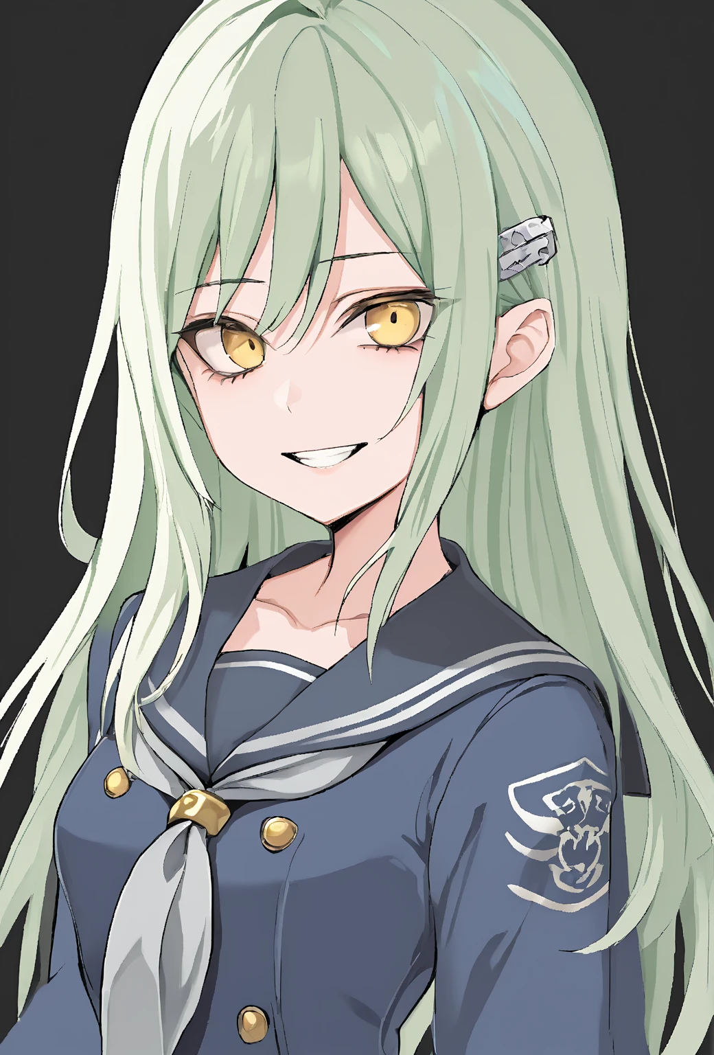 best quality,masterpiece,high resolution, Wakaba Mutsumi, Wakabe Mutsuki, light green hair,Platinum Blonde Hair,long hair,1 girl, Alone, white sailor color, sailor suit, blue shirt, blue skirt, gray neckerchief, yellow eyes, hair clip,Front view up, black background, best quality, masterpiece,high resolution, very beautiful,Absard Dress, high resolution,yandere,Edge Guess Gao,Three white eyes,Guess face,sadistic smile,teeth,Pleasure,The , detailed art of a girl's eyes in a dark environment, Focus on your eyes, wide-open eyes,open your eyes
