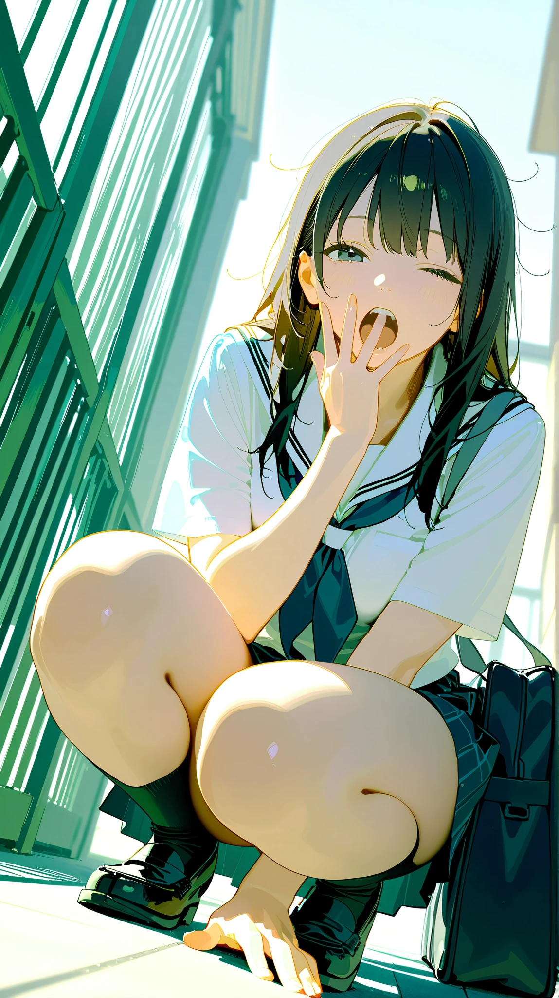 score_9, score_8_up, score_7_up, score_6_up, score_5_up, (masterpiece, best quality), ultra detailed, photorealistic, masterpiece, best quality, high resolution, 1girl, medium breast, clothed school uniform, school bag, school, main gate, black long hair, smile, from below, looking at viewer, squatting, one eye closed, big yawning, wide open mouth, tear, sleepy, cover one's own mouth with one's hands,