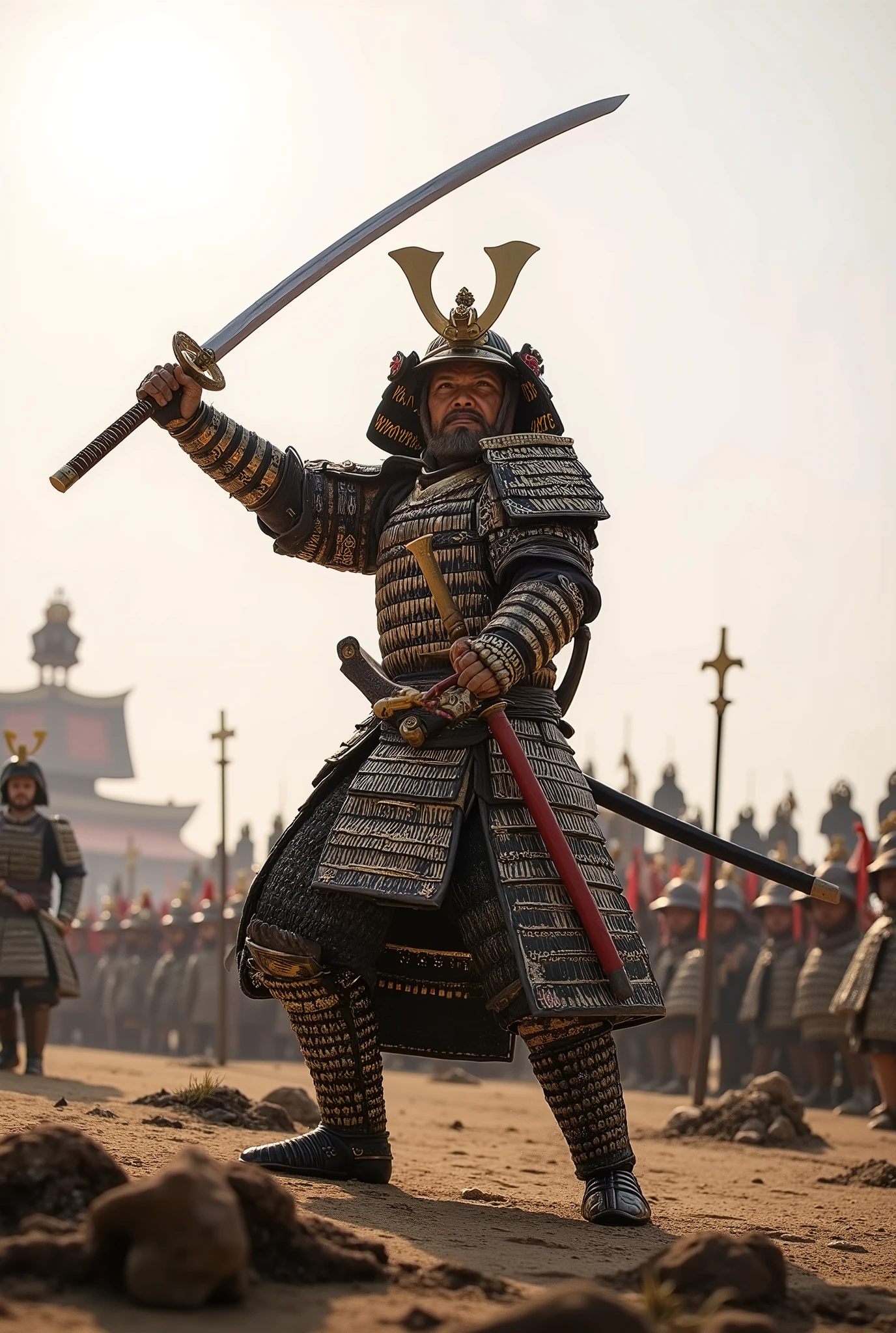 (Masterpiece, high quality, high resolution, photo-realistic), Upper-body shot:1.5, One Japanese traditional samurai, thirty-five years old, very long-shaped and detailed very scary face1:5, great detail of his armor, helmet and one long Japanese sword:1.5, He is wearing a beautiful shining armor and helmet with one long Japanese sword:1.8, He is holding the handle of one long Japanese sword with both hands together:1.8, raising a Japanese sword up higher over his head:1.8, Sunlight illuminates his body, Battlefields of Japan during the Sengoku Period are in the background:1.7, Katana, Japanese Armor01