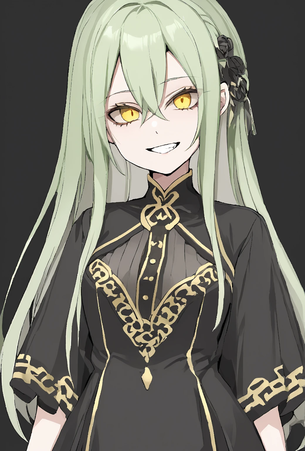 best quality,masterpiece,high resolution, Wakaba Mutsumi, Wakabe Mutsuki, light green hair,Platinum Blonde Hair,long hair,1 girl, Alone, yellow eyes, hair clip,Front view up, black background, best quality, masterpiece,high resolution, very beautiful,アブサー dress, high resolution,yandere,Edge Guess Gao,Three white eyes,Guess face,sadistic smile,teeth,Pleasure,The , detailed art of a girl's eyes in a dark environment, Focus on your eyes, wide-open eyes,open your eyes,Mortis,died,Ave Mujica ,Gothic ta, dress
