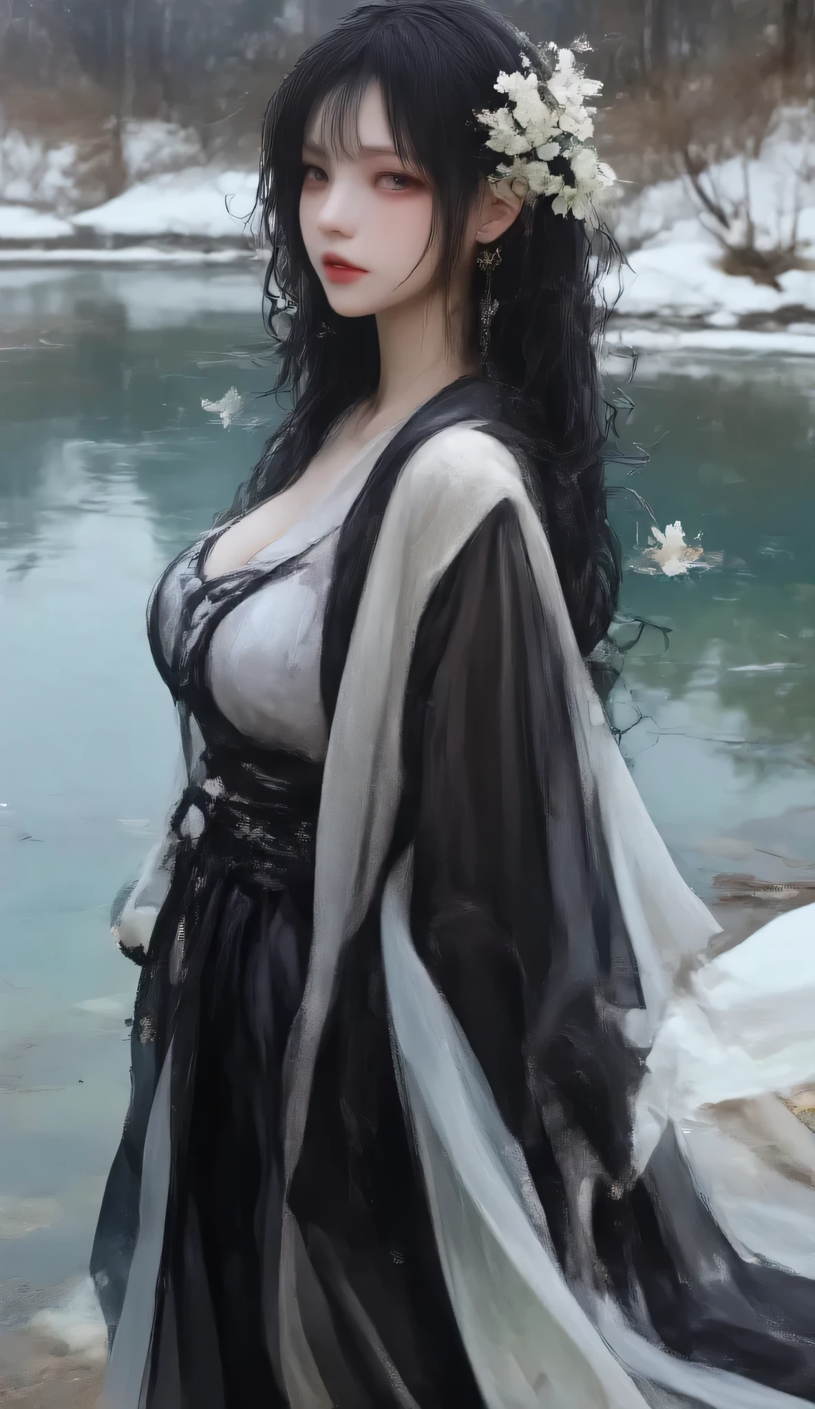 high quality, 【8k, on dark background 、 high quality photography、 wet texture 、[Ice、 studio photography 、engraving、Shallow depth of field、Vignette、 super details、 high budget 、 bokeh 、Wide cinema 、[典雅、colorful、 film grain ,Model with long, Slightly curled black hair wearing a black and white translucent ancient robe,with delicate and shiny skin,with a pair of E cup breasts, hair on the left side wearing a white flower headdress,((full body)),(Standing by the lake),Looking around and right ,(((Reality)))
