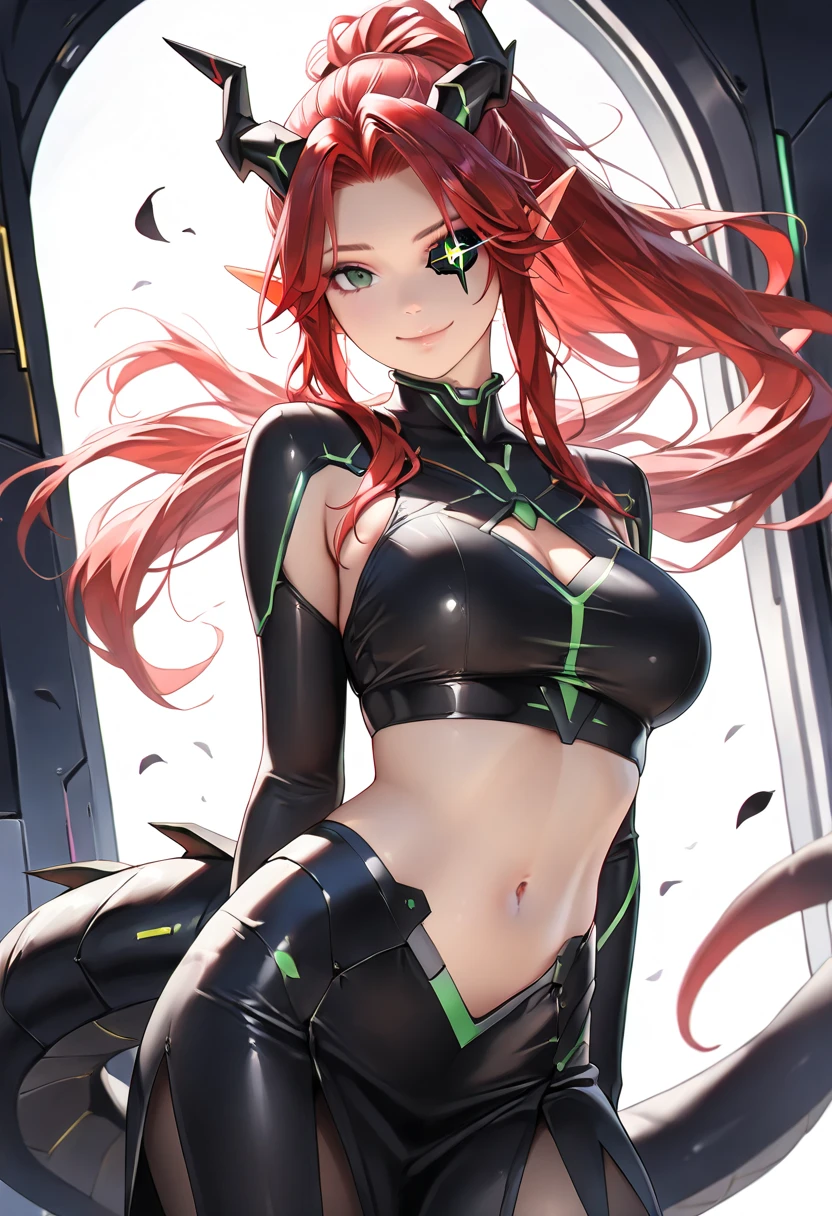 18 years, Redhead girl with fair skin, green cybernetic leotard, wide hip, extreme beauty, full body, best quality, gorgeous green eyes, long flowing red hair, rosy cheeks, porcelain complexion --auto --s2