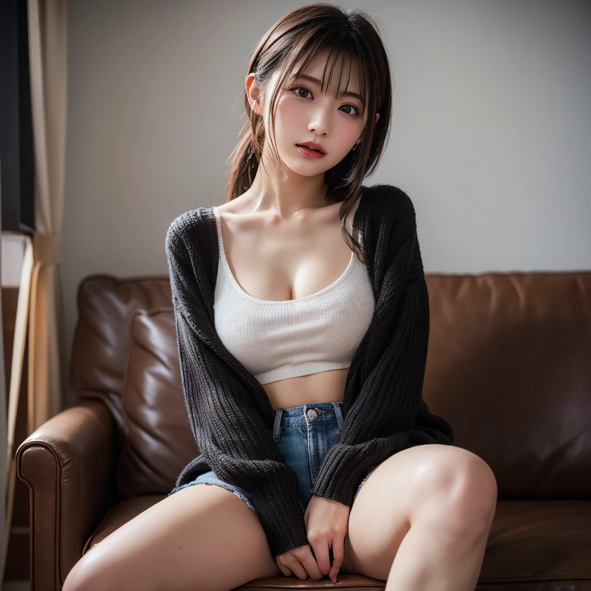 Sadakoは不気味さと恐怖を醸し出す独特の雰囲気を持っています。Sadako、flat chest:1.5、enchanting smile:1.5,long black hair that hides the eyes:1.5、The exterior is eerie and attractive、Sexy and bewitching legs and beautiful breasts are attractive。spread、Sweaty crotch、wet crotch、Touched hair、濡れwet crotch、seductive angles、spread your legs、Delicate girl with beautiful details、colorful、finely、detailed lips、intricate details、(1 female:1.5) (Gorgeous beautiful sexy Korean woman:1.1) alone、Viewers looking up、happy smile、model girl、choker、(Wearing a hoodie、Wearing a hood)、Asian_street style、Asian Traditional House、elegant(50mm sigma f / 1.4 ZEISS lenses 1.4、1/800 seconds、ISO is 100、photograph:1.1) (realistic:1.1)Lens flare、pieces fly
