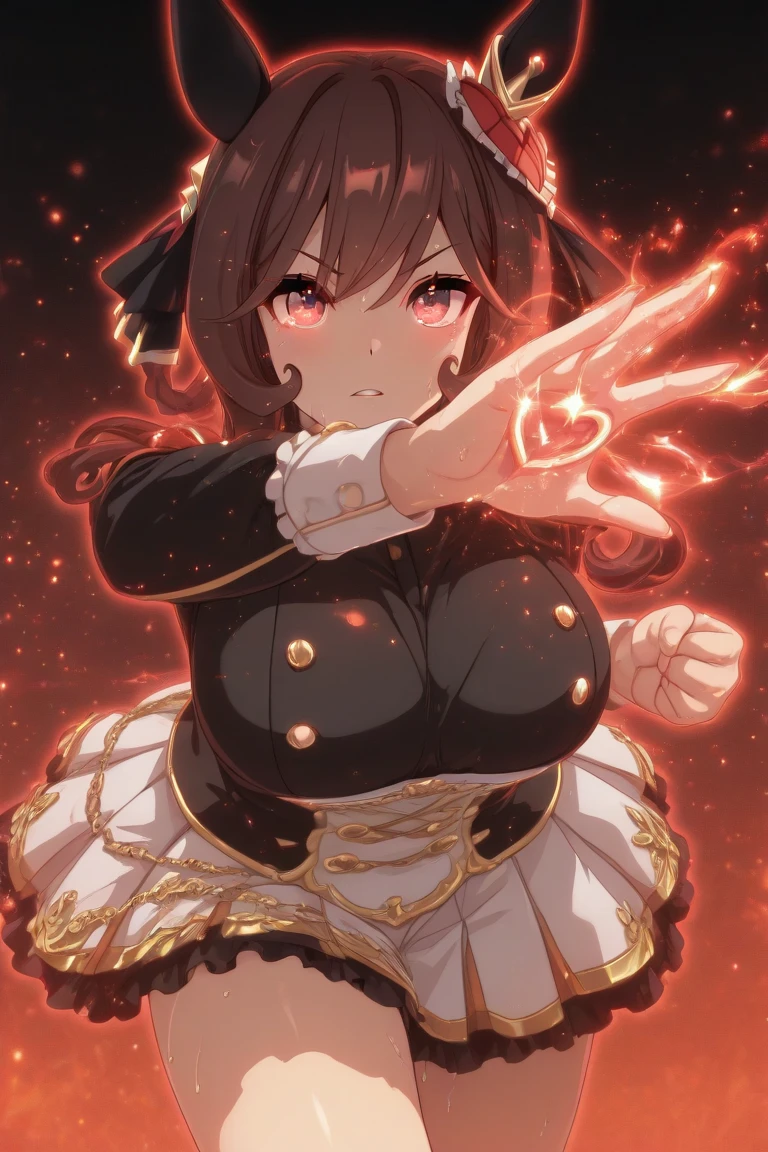 master piece,best quality,(super detail),perfect writing, Highly detailed CG,Super detailed,(highly detailed eyes,very cute face,highly detailed face:1.3),beautiful anime girl,(solo girl),(super huge breasts:1.6),(black hair,short hair,2 side up:1.3),(big yellow eyes:1.1),(low length),jitome,(smile full of joy),break,(Wizard Robe,wizard lolita dress,white ruffle dress:1.5),Big magic wand of light,god々new light,intense magic effects,cobblestone road,medieval castle town,Are standing,dynamic pose,dynamic angle,cowboy shot