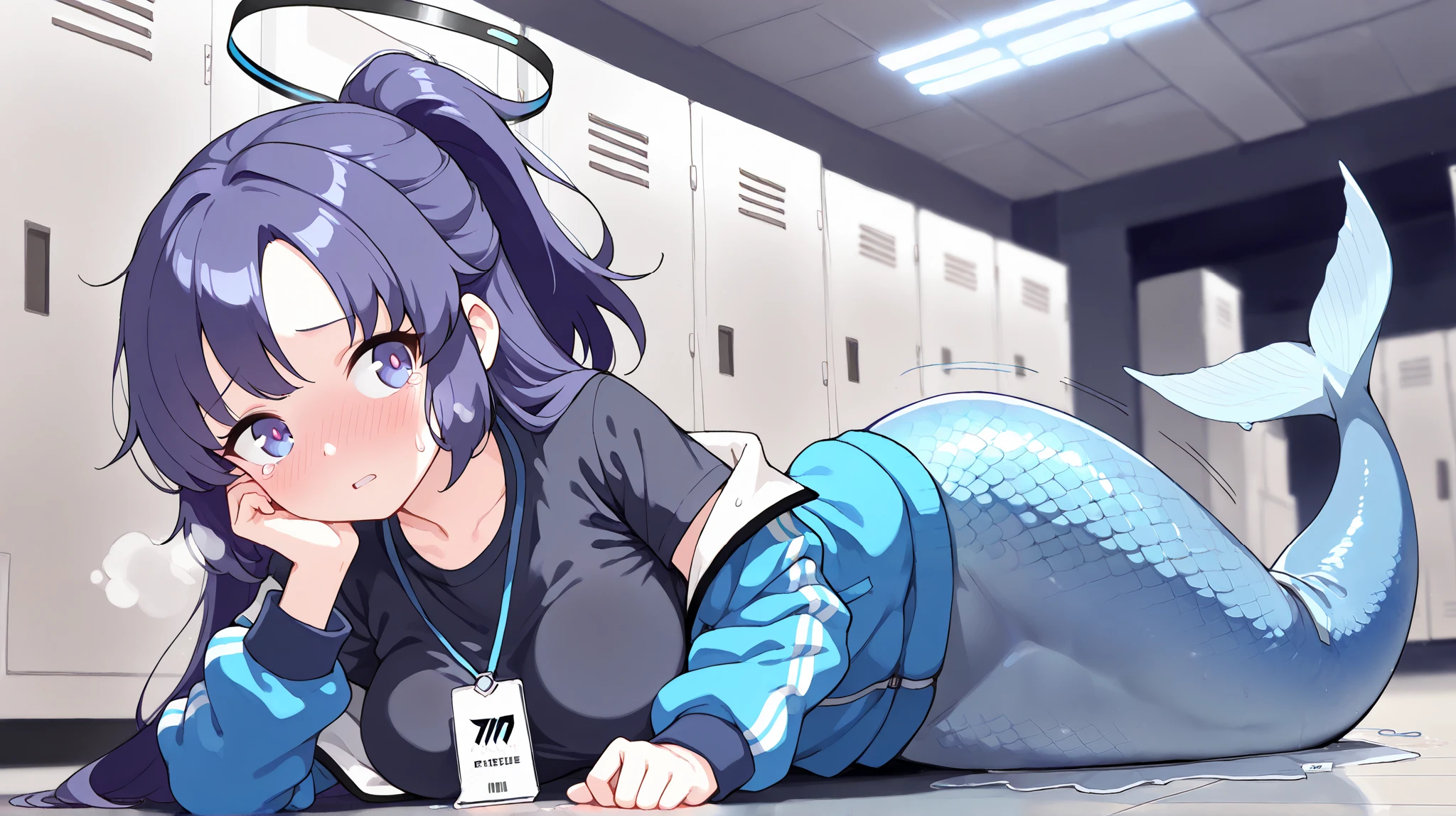 score_9, score_8_up, score_7_up, score_6_up, score_5_up, score_4_up,
1girl, ((Transformation, mid-transformation, legtf, a woman transforming into a mermaid, blue scales)), barefoot, 8K, best quality, (parted lips, looking to the side, heavy breathing, embarassed face, tearful face), dynamic pose, laying, on side, on floor, flopping on floor, soggy wet, locker room, wet, (yuuka-default, yuuka (blue archive), purple eyes, purple hair, long hair, ponytail, halo, id card, blue jacket, (track jacket:1.2), open jacket, black shirt), (clear face, sweat, sweatdrop, full face blush, twinkles in her eye, bright pupils)), motion lines
high detail background, masterpiece, absurdres, very aesthetic, dynamic angle, bokeh effects, dynamic pose, dynamic angle, hdr, low contrast, (pastel colors)
masterpiece, best quality, absurdres, masterpiece, highres, perfect anatomy, anime style, anime screenshot, 8k wallpaper, ultra high quality, (extremely detailed cg), perfect lighting, (sharp image), dynamic angle,