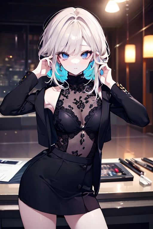 cute albino girl,(((1girl))),((albino girl with extremely cute and beautiful white hair)),
(small breasts:1.4),(((white hair:1.35,colored inner hair,ear breathing,small white hair,tomboy haircut))),((heterochromia:1.5, (aqua_eye and white_eye))),intricate eyes,beautiful detailed eyes,symmetrical eyes,((fat)),(((pale skin,lustrous skin:1.5,bright skin: 1.5,shiny skin,very shiny skin,shiny body,plastic glitter skin,exaggerated shiny skin,illuminated skin,wet legs))),(spider lower abdomen,narrow waist,wide hip,athletic body,inflated legs,detailed body,(detailed face)),
cute,slutty,seductive,erotic,(((nsfw))),
(((wearing white formal blazer,white pants,))),(((huge cleavage))),((wet clothes,intricate outfit,intricate clothes)),
(dynamic pose:1.0),solo focus,embarrassed,(centered,scale to fit dimensions,Rule of thirds),
cyberpunk city by the ocean at night, with bright neon signs and dark stormy clouds and puddles, scenery:1.25,nighttime, starry night, cosmos,Very dark night that makes the neon lights stand out, very bright neon lights,nighttime, starry night, cosmos,
artistic photography,(photography taken by sldr),highres, sharp focus,(ultra detailed, extremely detailed), (photorealistic artwork:1.37),(extremely detailed CG unity 8k wallpaper),((synthwave background theme)),(((vibrant colors))),intricate,(intricate background),(masterpiece),(best quality),perfect rendered face,perfect face details,realistic face,photo realistic,analog style,((intricate detail)),(((realism))),