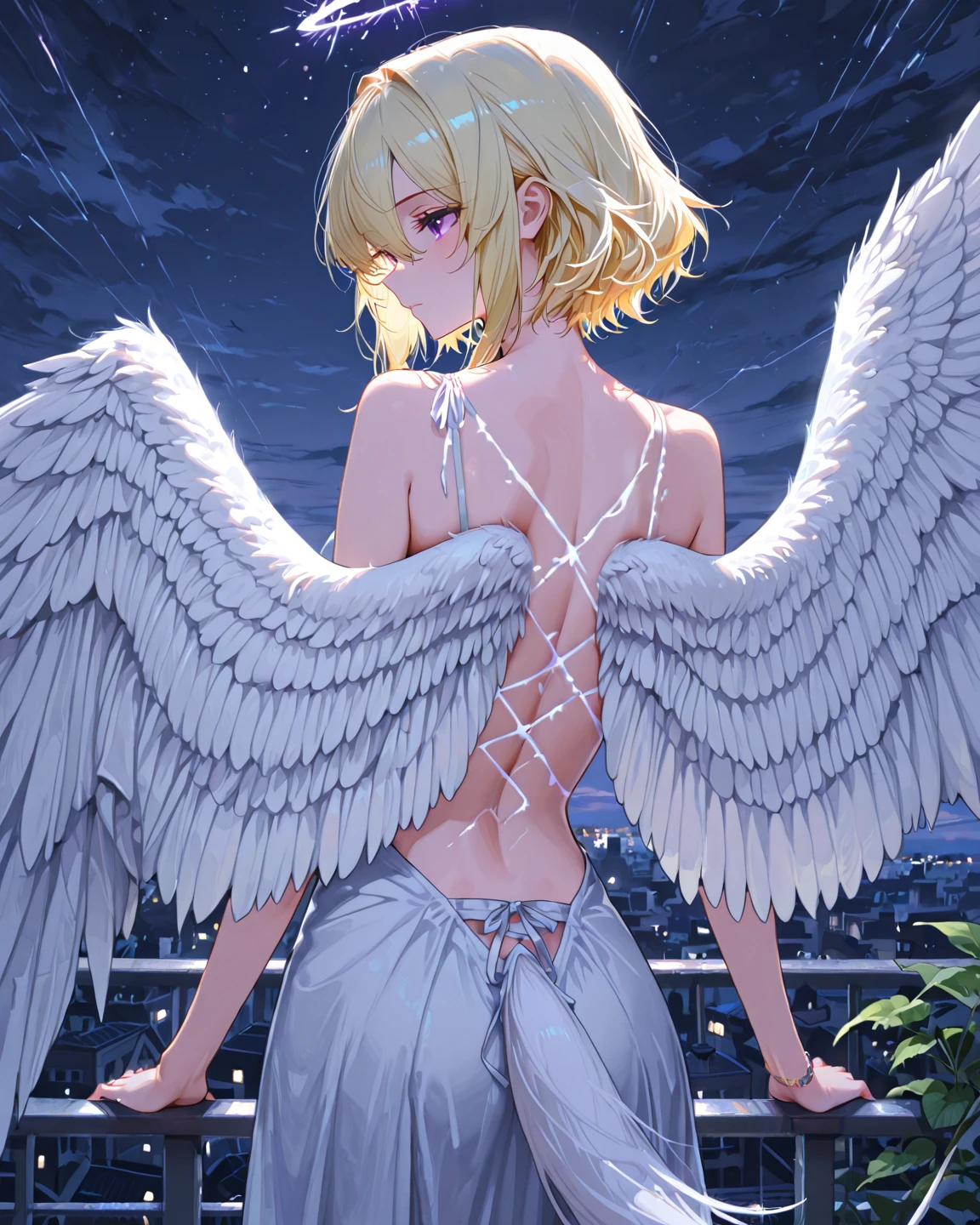 The moon hung low over Foxdale, its silver light painting the rooftops in an ethereal glow. The town was quiet, save for the rustling of leaves and the occasional flutter of wings—wings that belonged to a girl who should not exist.

AnimeBliss stood on the highest rooftop, her white tail swaying behind her, though she kept her wings tightly folded against her back. It was instinct, hiding what she was. Half kitsune, half angel. A contradiction in form. A mystery in purpose. Long blonde hair, purple eyes, hair inbetween eyes. 