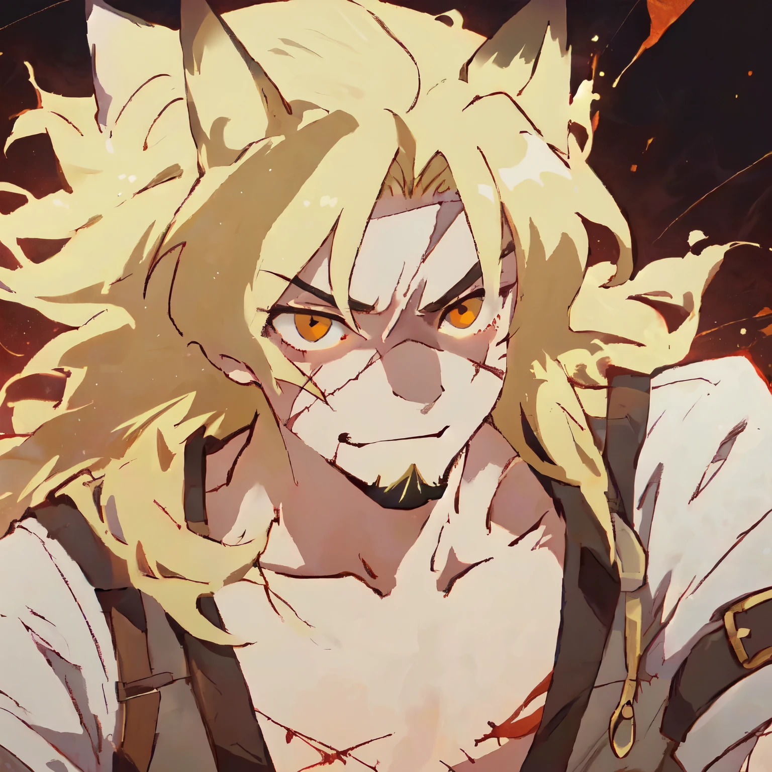 dogfolk, dog head, spiky hair, raised ears, dog person, anime style, hound, long hair, solo, 1guy , red aura, knuckle busters, fighter, gangleader, godspeed, brown eyes, blonde fur, everstar, rex, scars, stitches, bandages, crooked smile, scarred face, raging demon, experimented on, snout, dog face, fox guy, kemonomimi, beast, beastars, bearded, blue lock, shirtless, insane look, cracks