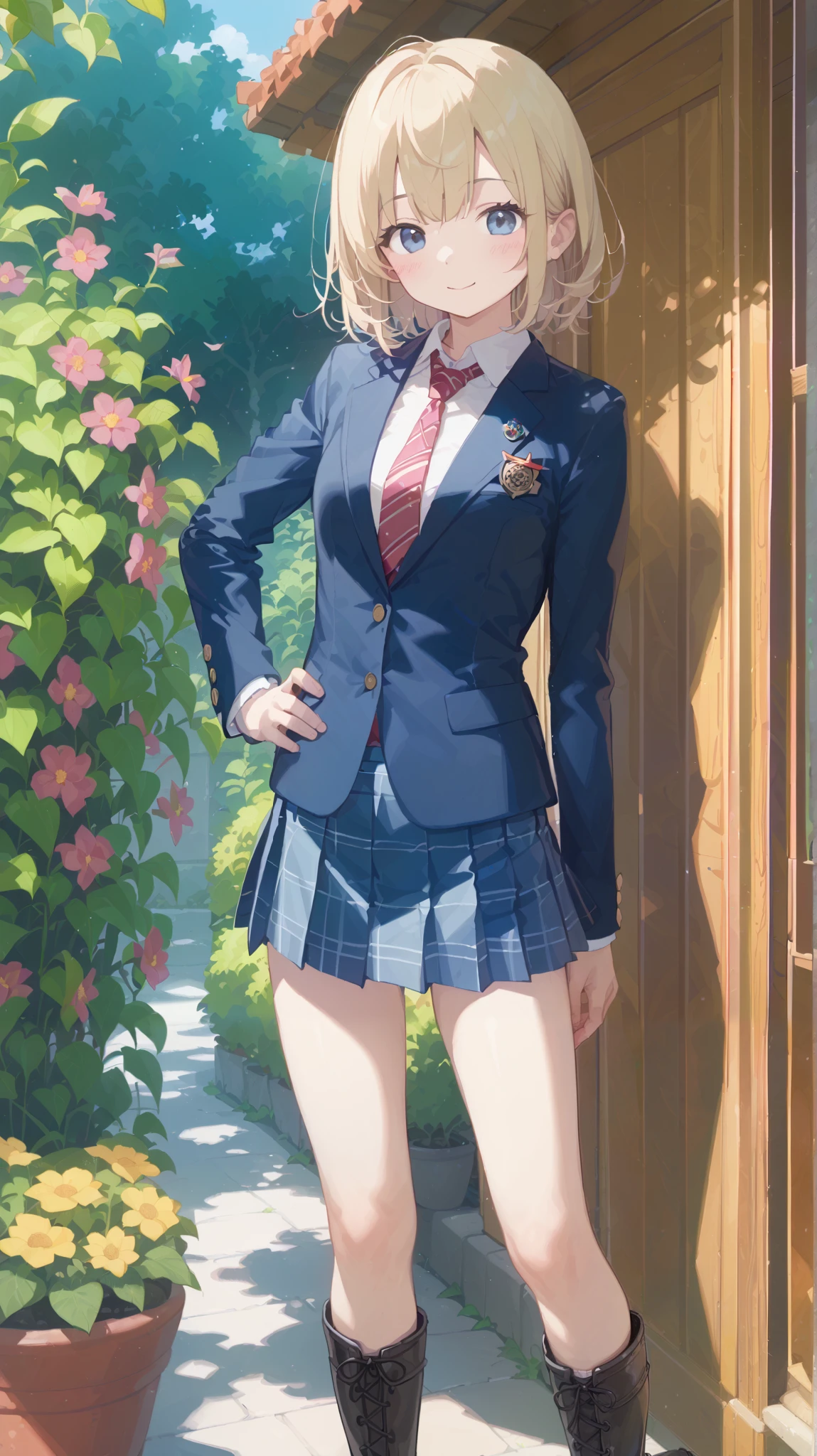 (8k、RAW Photos、Best Quality、masterpiece:1.2)、(Realistic、Realistic)、1 person、((blazer、Schoolgirl uniform、shirt、tie、チェックmini skirt、Medium Hair、mini skirt、Thin legs、boots、View from the front、Looking into the camera、garden、Stand with hands on hips))、cute