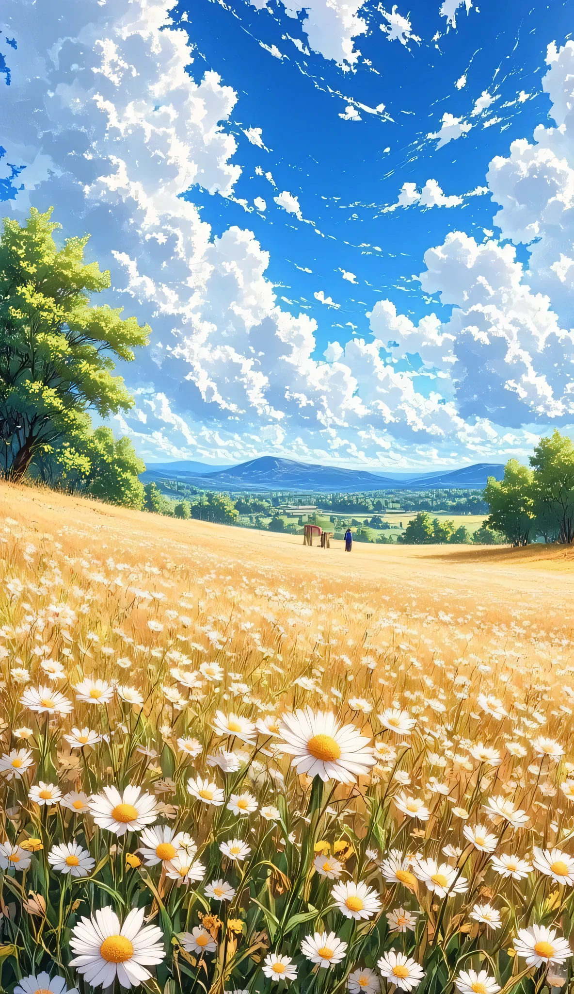 ultra aesthetic scenery, anime background, cielo expandido!!!!!!!!! ultra quality compsition, beautiful nature, ambient light, volumetric lighting, hdr environment,masterpiece, cinematic lighting, ambient light, volumetric lighting, ultra aesthetic environment, 8k, 16k, hdr, best quality, indirect lighting, super quality composition,,,,,,,,,,,,,A pastoral scene with a golden wheat field swaying in the breeze under a vast sky filled with fluffy white clouds. A solitary cabaña viejo in the distance, adding a nostalgic, rural charm to the image